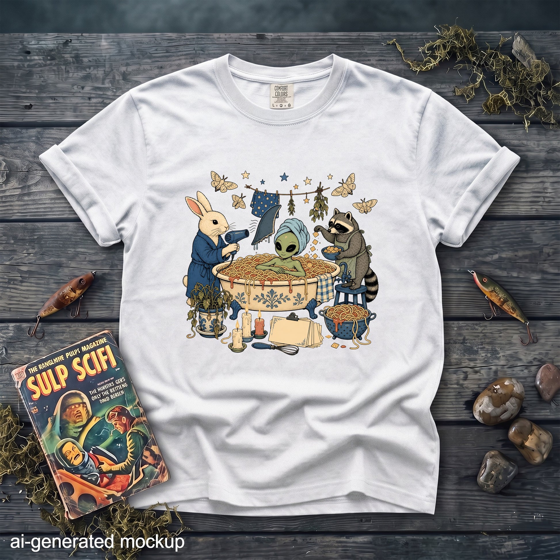 A white t-shirt features a whimsical illustration of an alien in a spaghetti bath, assisted by a rabbit and a raccoon.