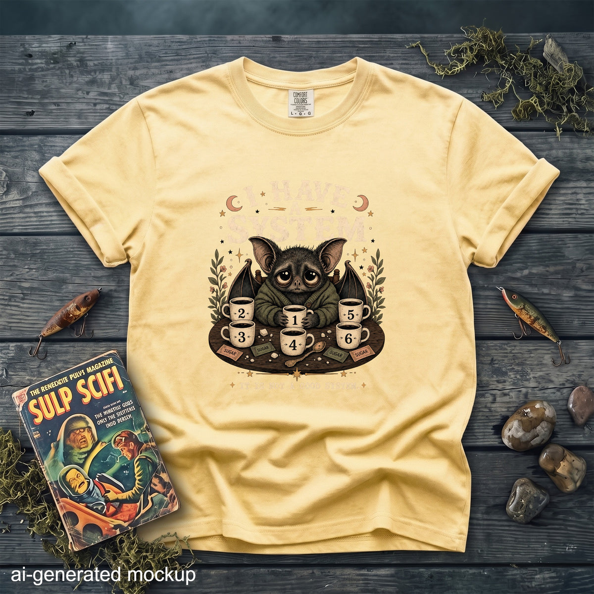 Yellow t-shirt with a bat character surrounded by numbered coffee cups and sugar packets.