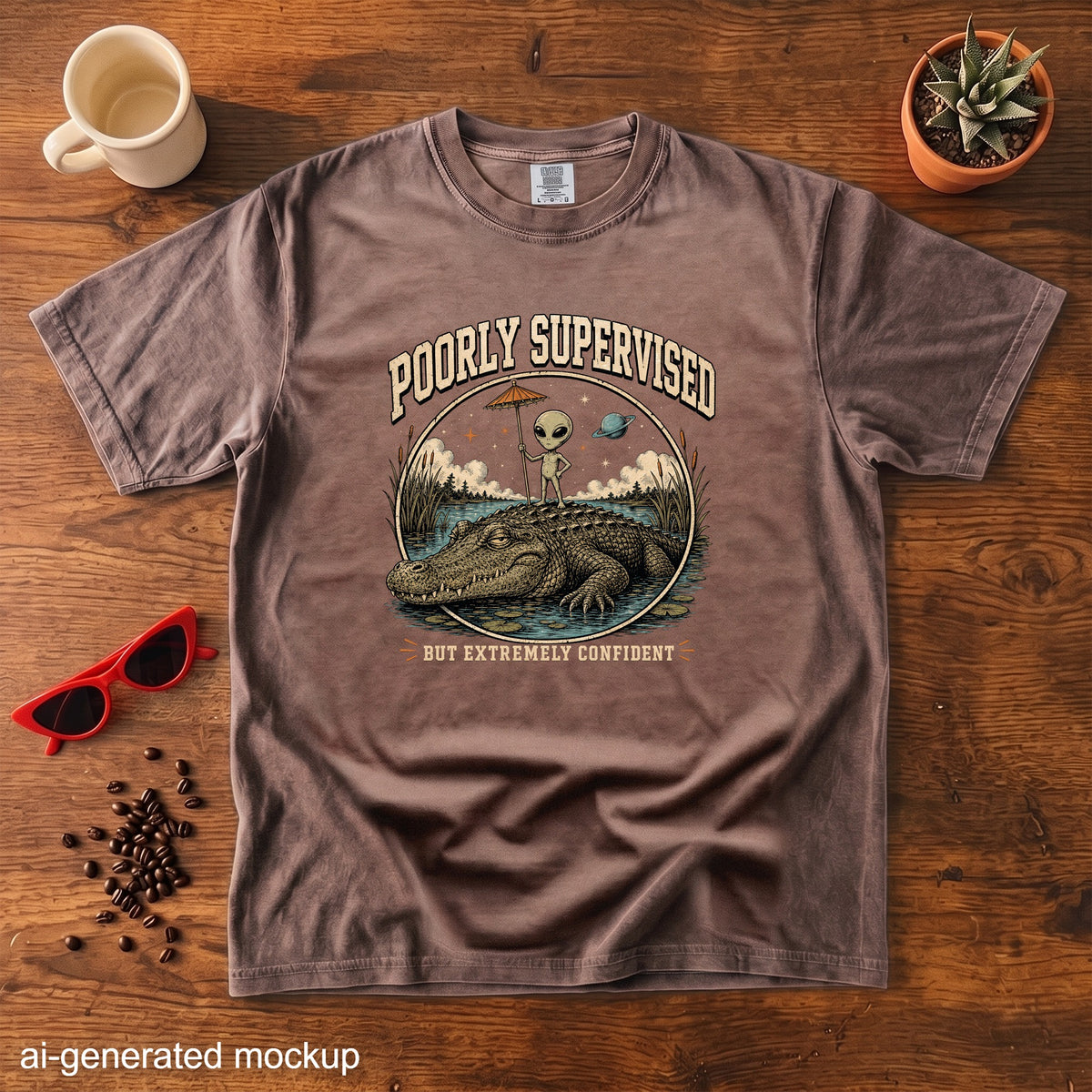 Brown t-shirt with an alien on an alligator graphic and text "POORLY SUPERVISED BUT EXTREMELY CONFIDENT".