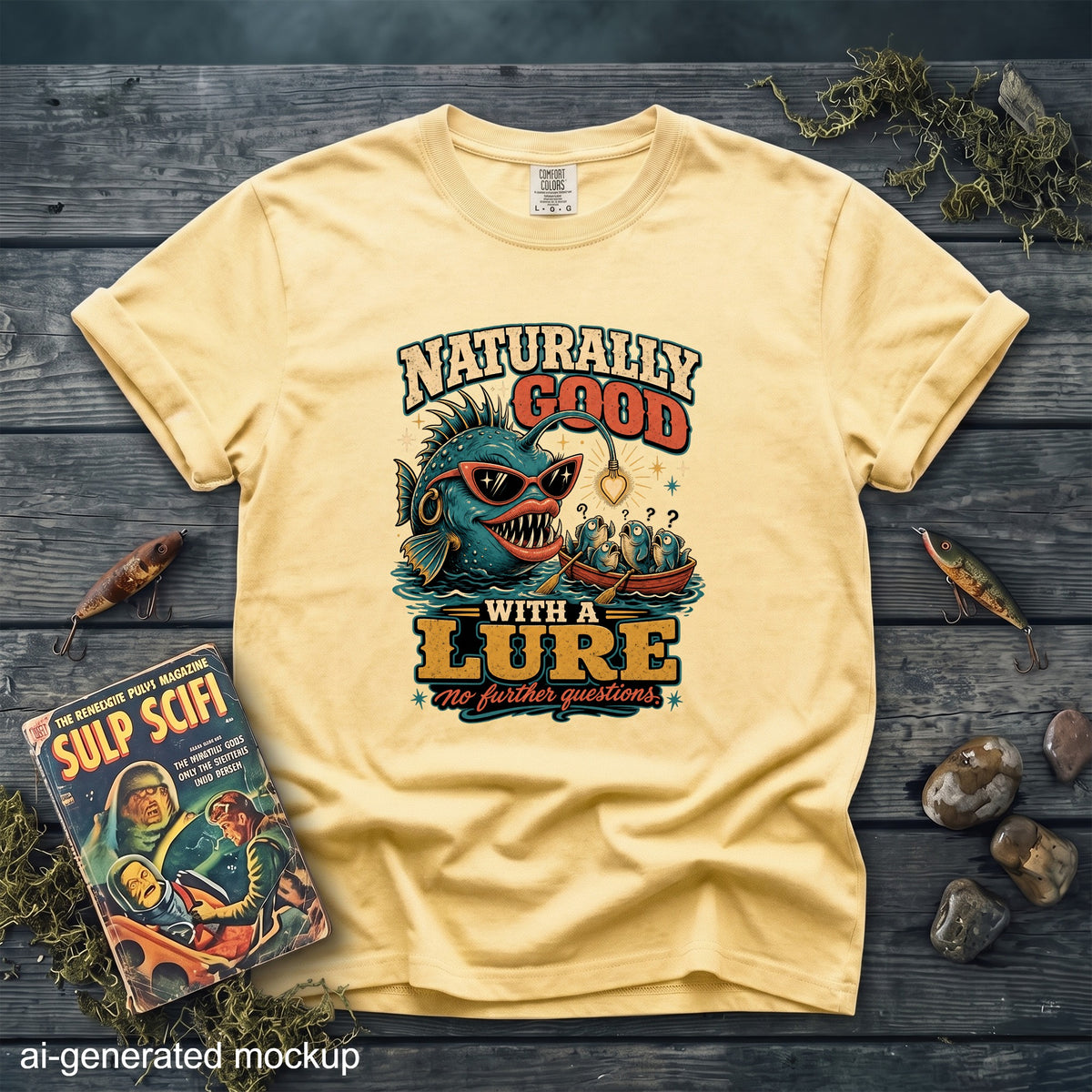 Yellow t-shirt with graphic "Naturally Good With A Lure" and cartoon anglerfish.