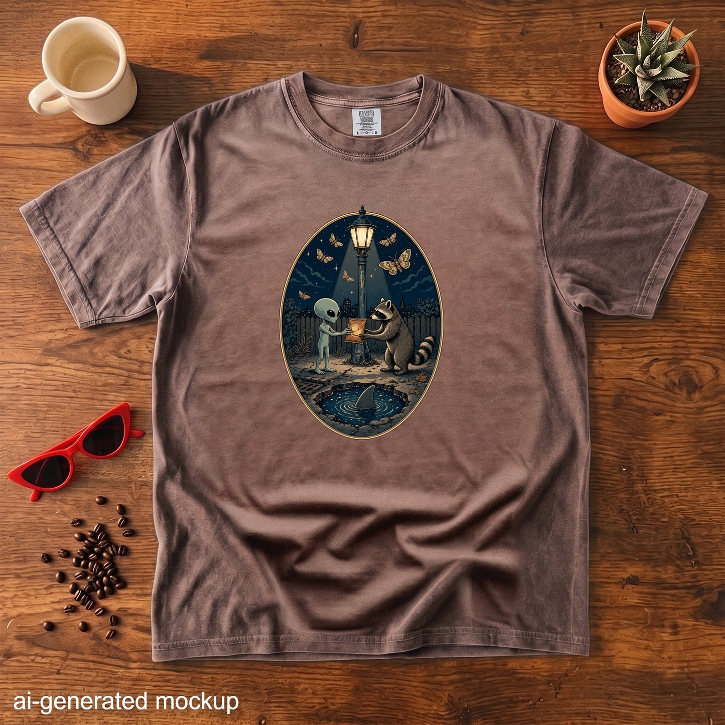 T-shirt featuring an alien and raccoon exchanging a bag under a streetlight with butterflies.