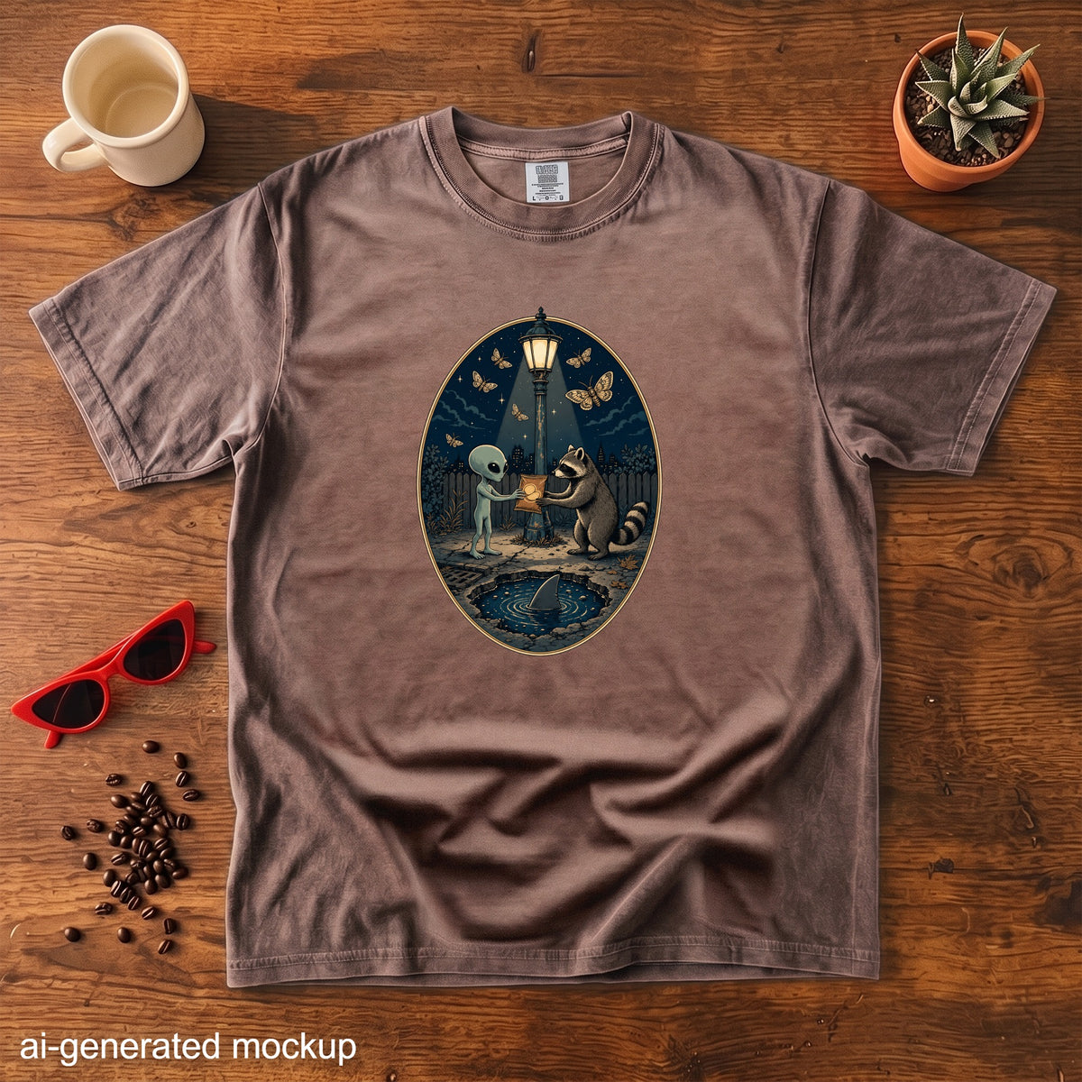 T-shirt featuring an alien and raccoon exchanging a bag under a streetlight with butterflies.