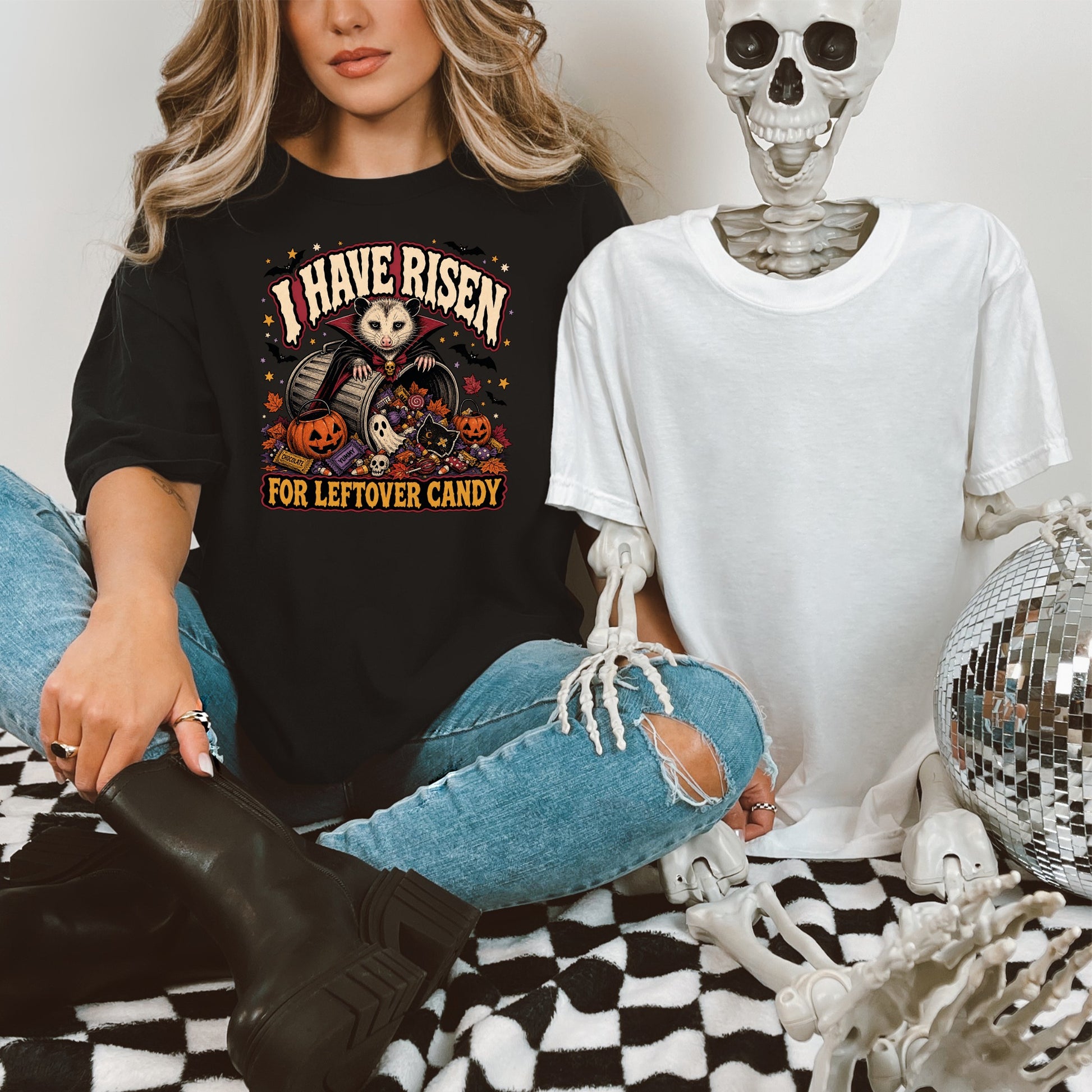Black t-shirt with graphic "I Have Risen for Leftover Candy" and a vampire opossum.