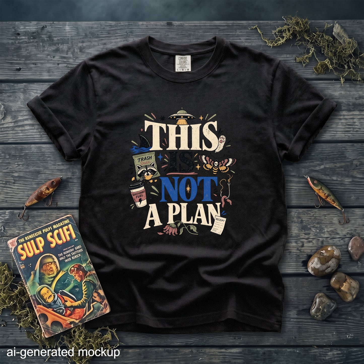 Black t-shirt with "This Is Not A Plan" graphic featuring UFO, raccoon, moth, and other elements.