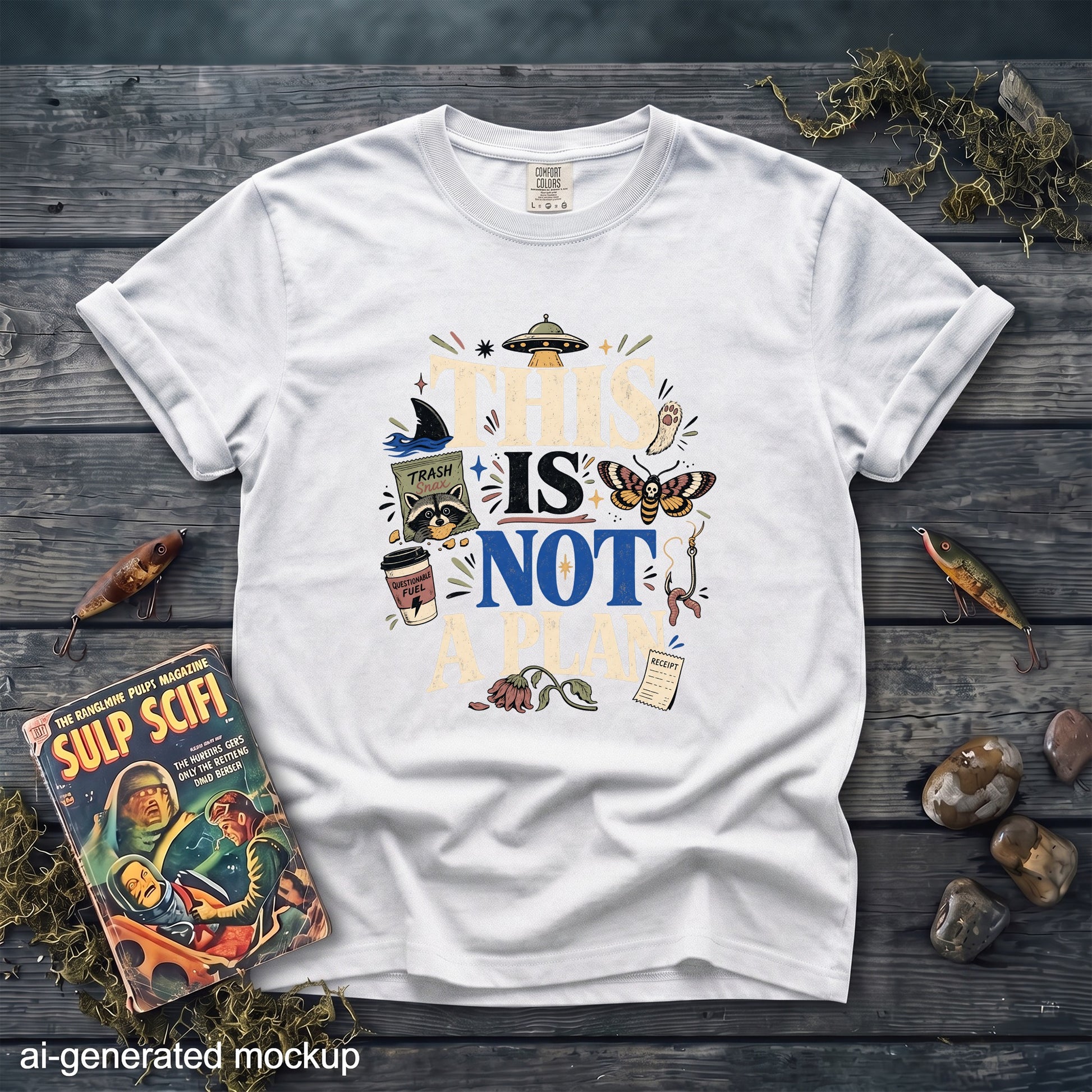 White t-shirt with "THIS IS NOT A PLAN" text and quirky illustrations.