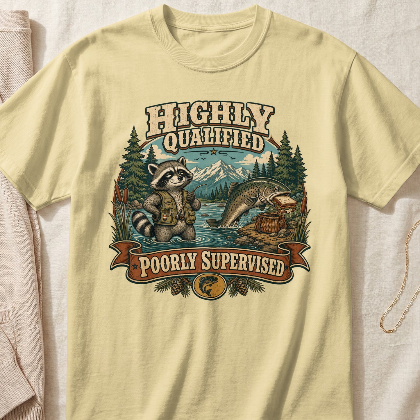 T-shirt graphic: raccoon fishing, trout eating sandwich, text "Highly Qualified Poorly Supervised".