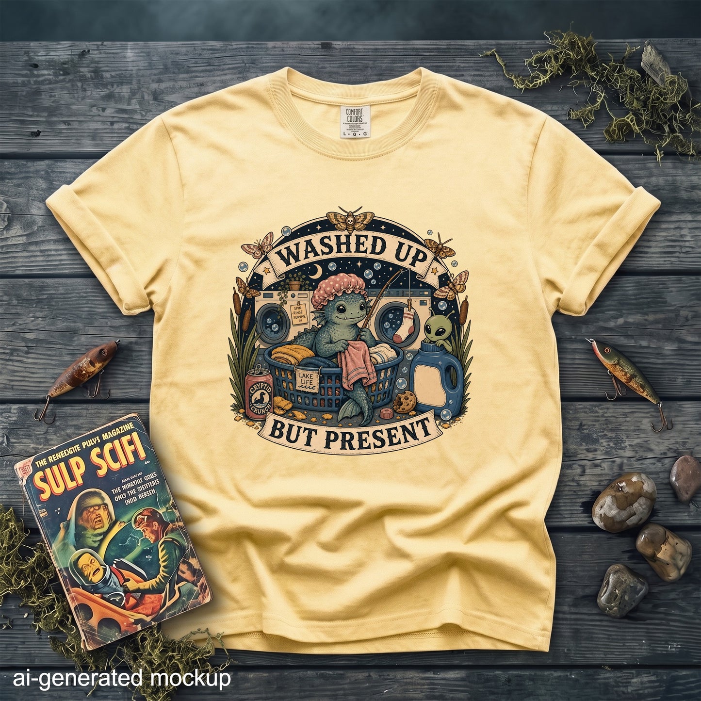 Yellow t-shirt with a "Washed Up But Present" graphic featuring a sea creature at laundry.
