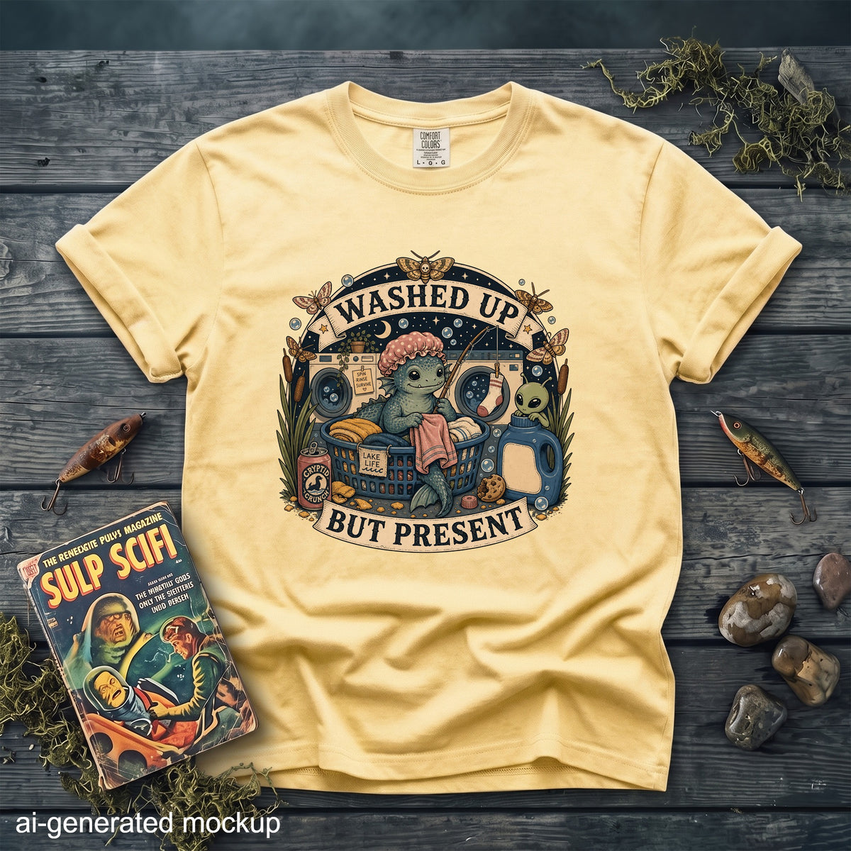 Yellow t-shirt with a "Washed Up But Present" graphic featuring a sea creature at laundry.
