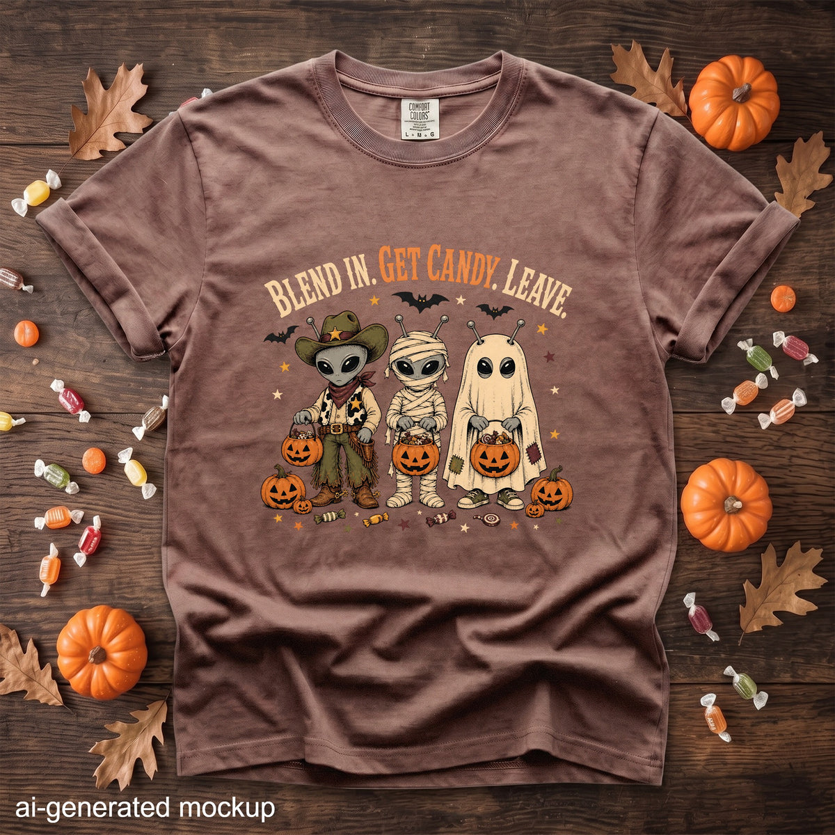 Brown t-shirt with aliens dressed as a cowboy, mummy, and ghost, and the text "BLEND IN. GET CANDY. LEAVE."