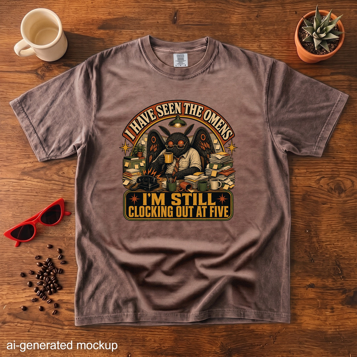 Brown t-shirt with graphic "I Have Seen the Omens, I'm Still Clocking Out at Five".