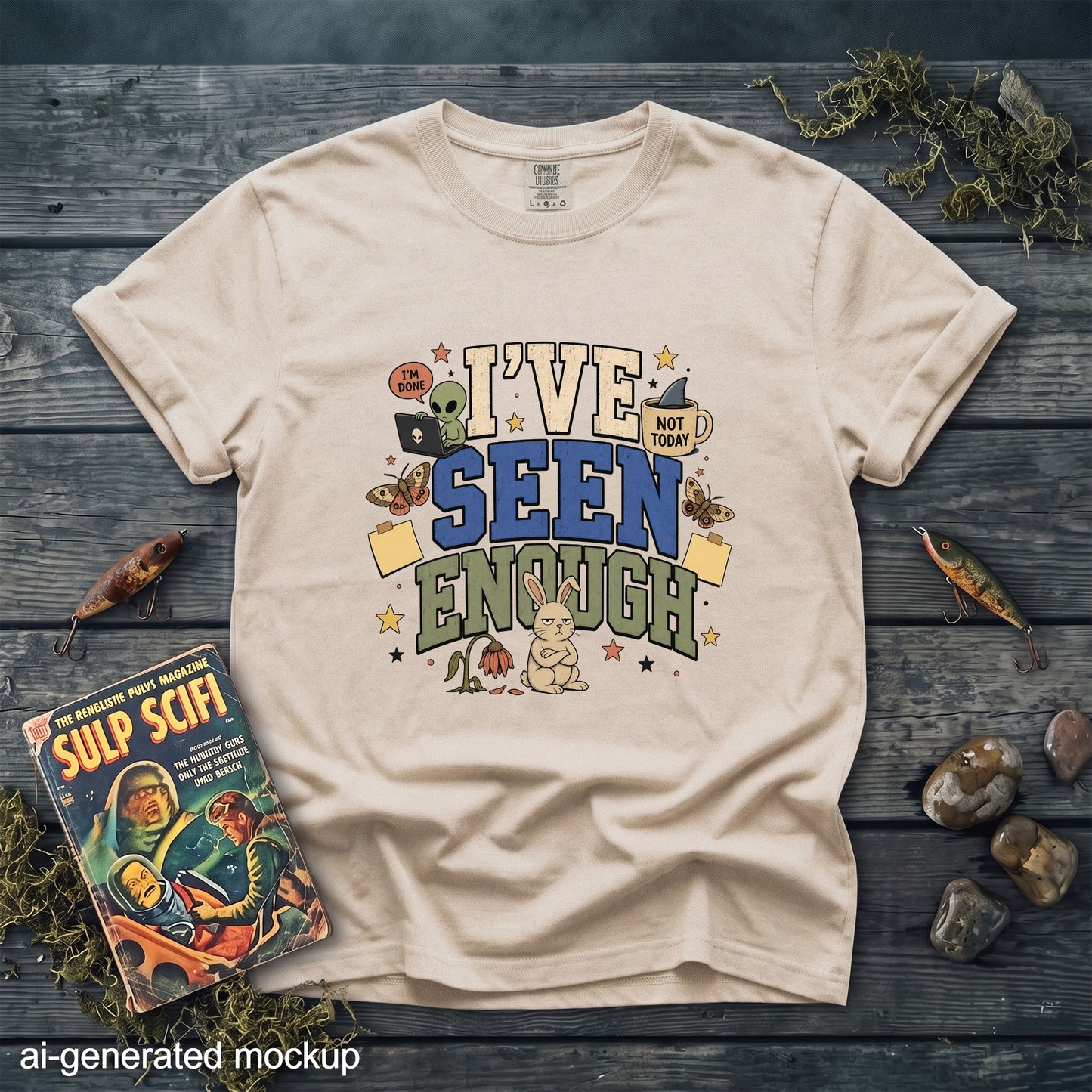T-shirt with "I've Seen Enough" graphic featuring alien, rabbit, and moths.