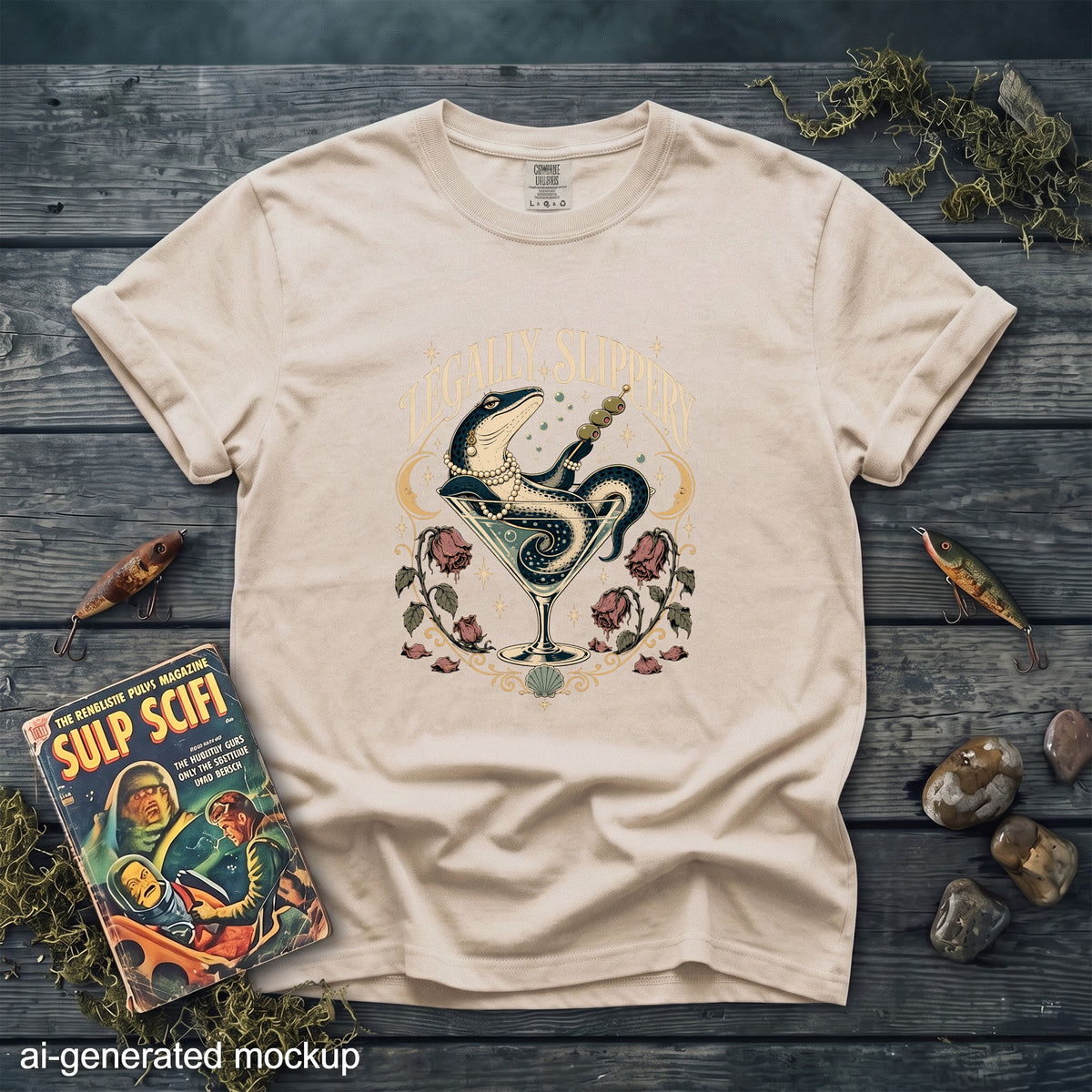 Tan t-shirt with graphic of lizard in martini glass and text "LEGALLY SLIPPERY".