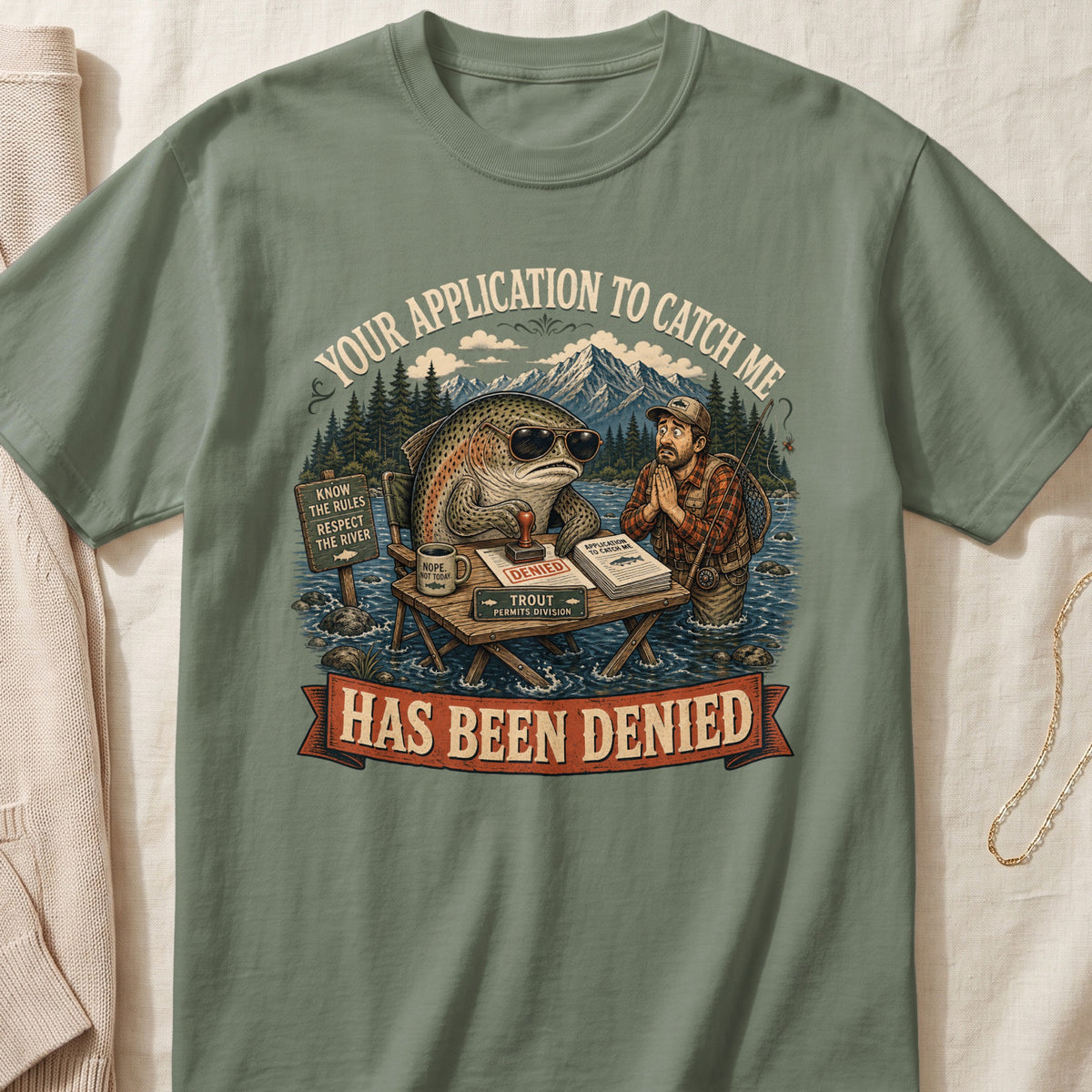 Trout with sunglasses denies fisherman's application to catch him: "Has Been Denied."