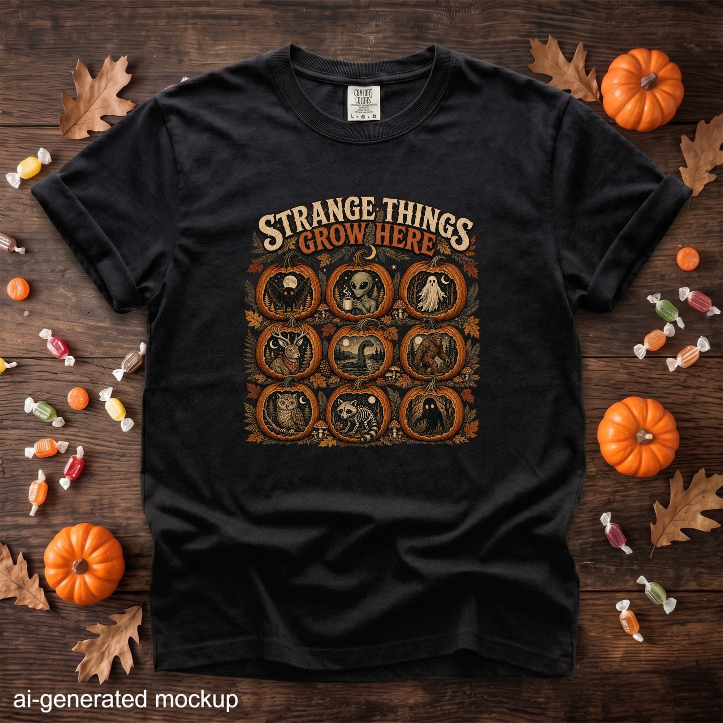 Black t-shirt with "Strange Things Grow Here" text and nine pumpkin-shaped scenes.