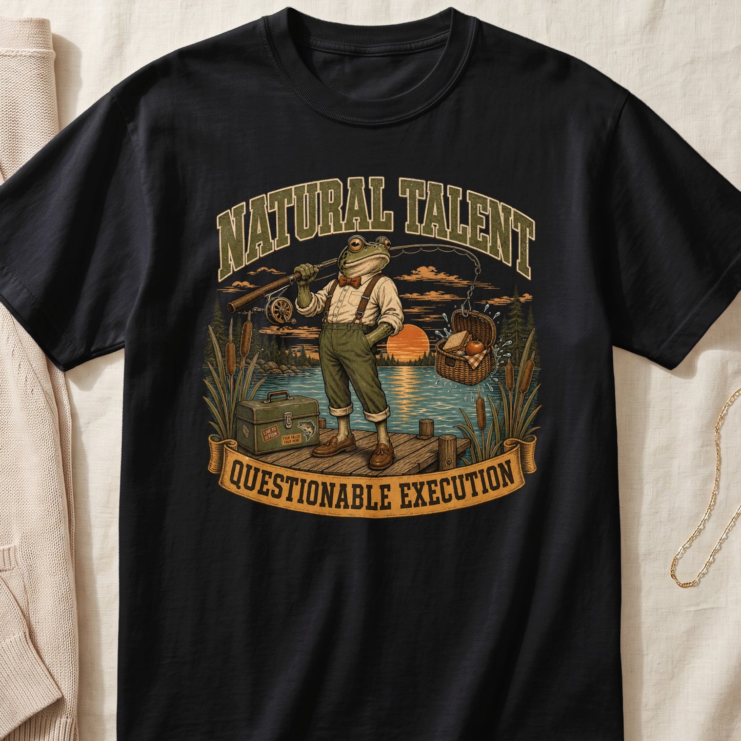 Anthropomorphic frog fishing with text "Natural Talent Questionable Execution" on black t-shirt.