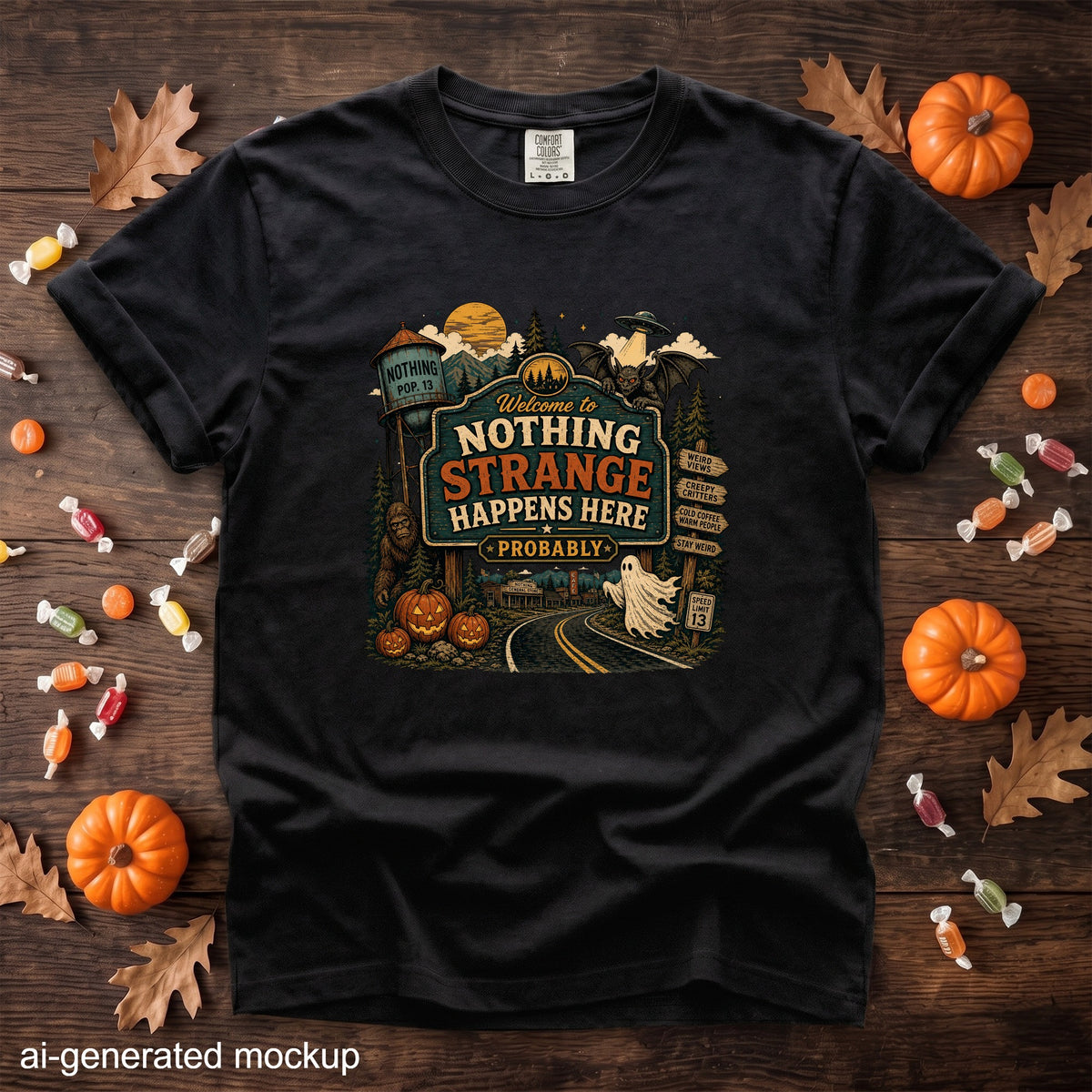 Black t-shirt with "Welcome to Nothing Strange Happens Here Probably" Halloween graphic.
