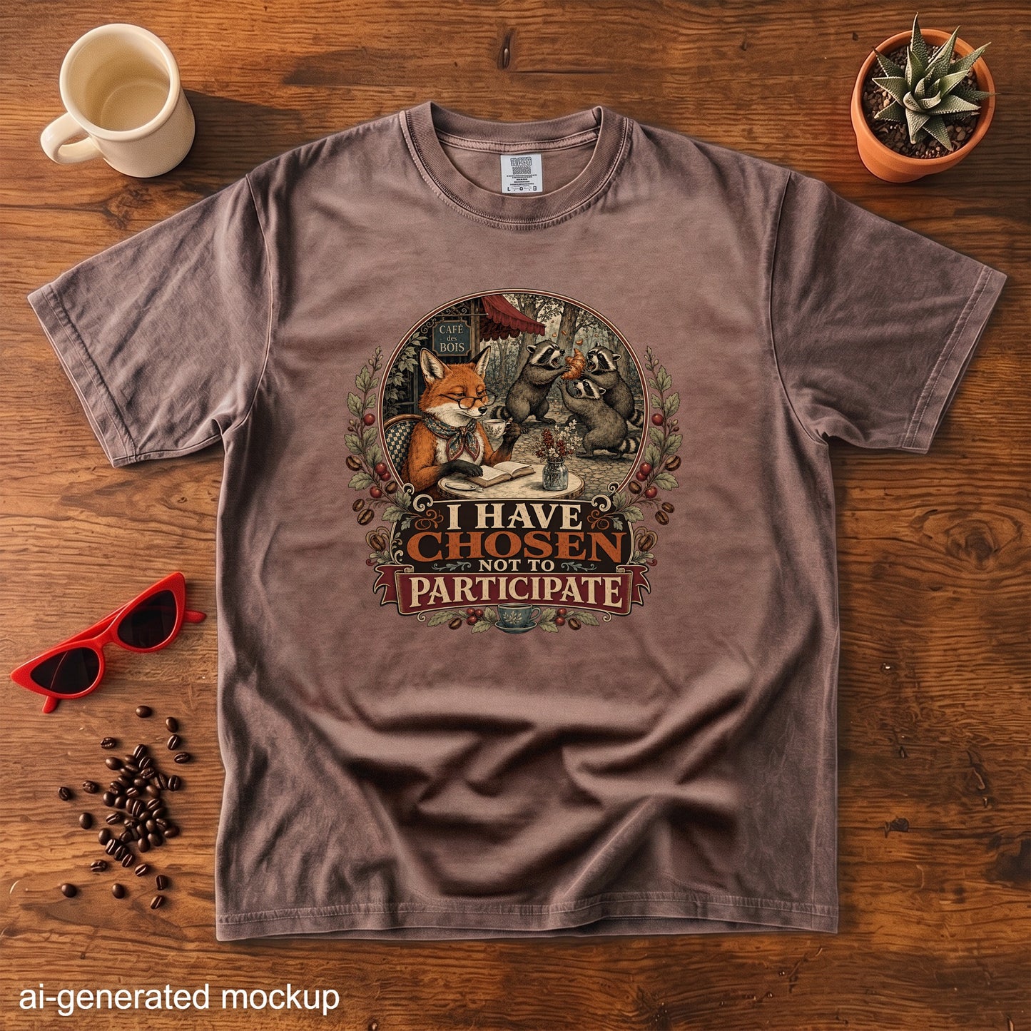 T-shirt graphic with fox, raccoons, coffee, and text "I HAVE CHOSEN NOT TO PARTICIPATE".