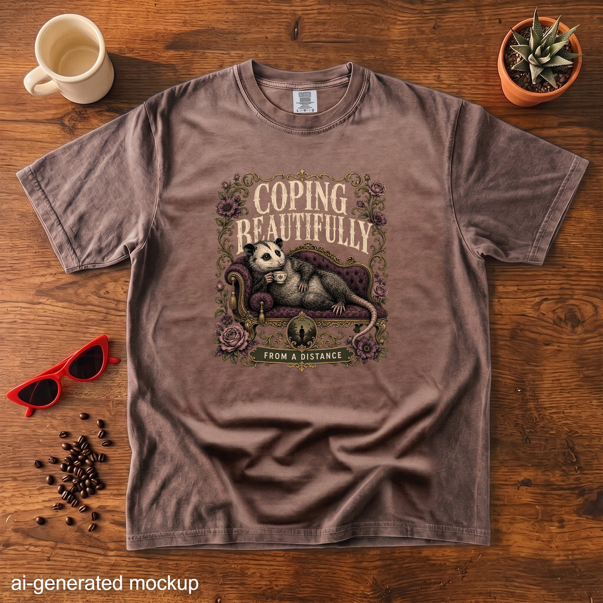 Brown t-shirt with opossum on couch, text "COPING BEAUTIFULLY FROM A DISTANCE".