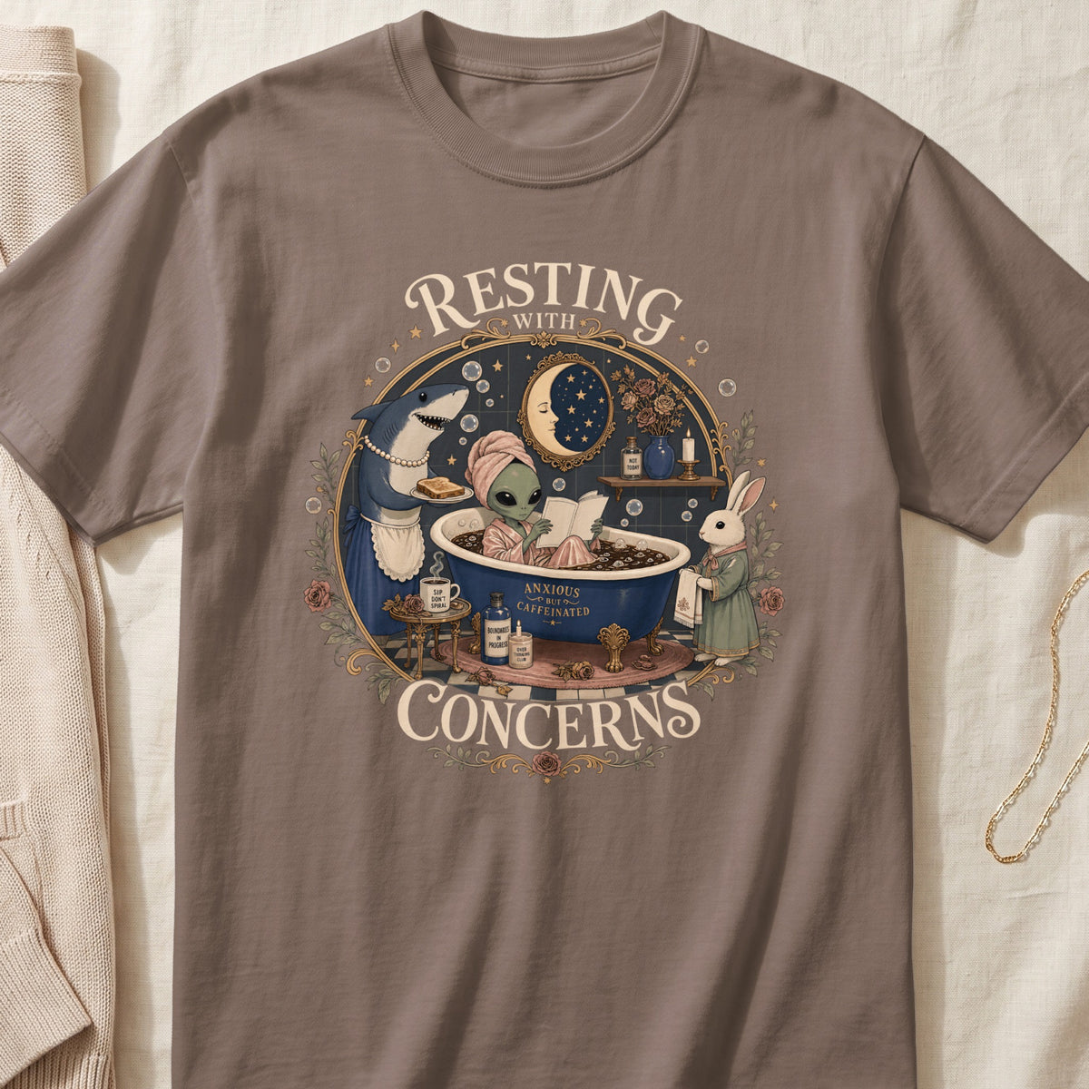 T-shirt graphic with an alien in a bathtub and text "Resting With Concerns".