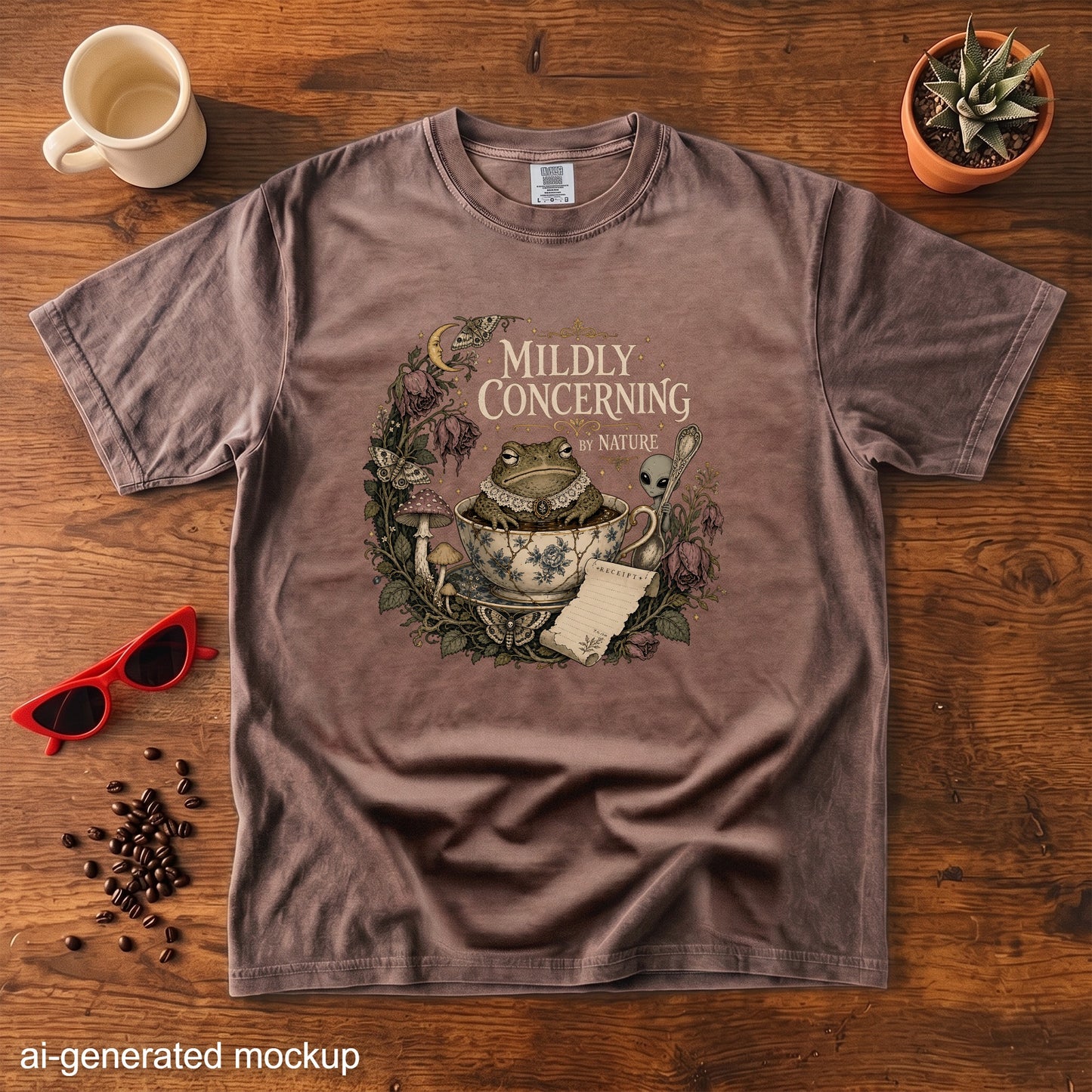 Brown t-shirt with "Mildly Concerning by Nature" graphic featuring a frog in a teacup.