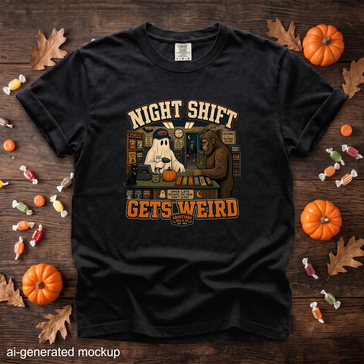 Black t-shirt with "Night Shift Gets Weird" graphic of a ghost and Bigfoot at a gas station.