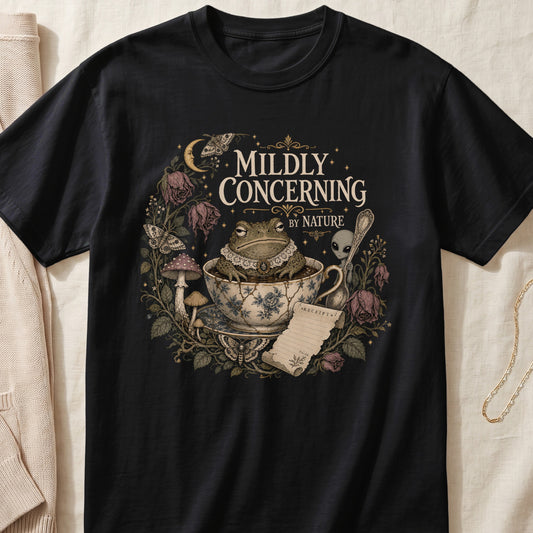 Black t-shirt with "Mildly Concerning By Nature" text, toad, alien, and gothic floral design.