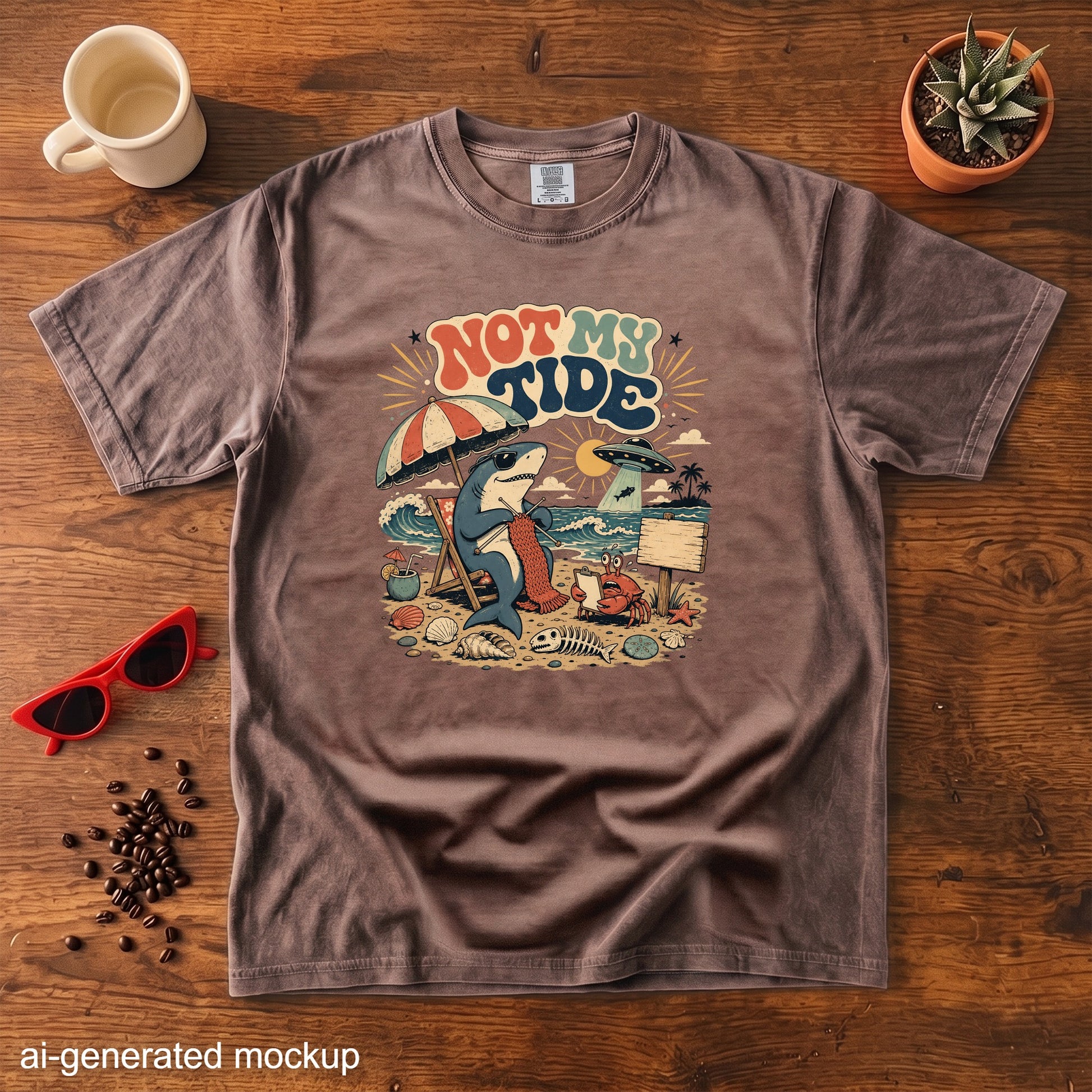 T-shirt with "Not My Tide" graphic featuring a shark knitting on a beach.