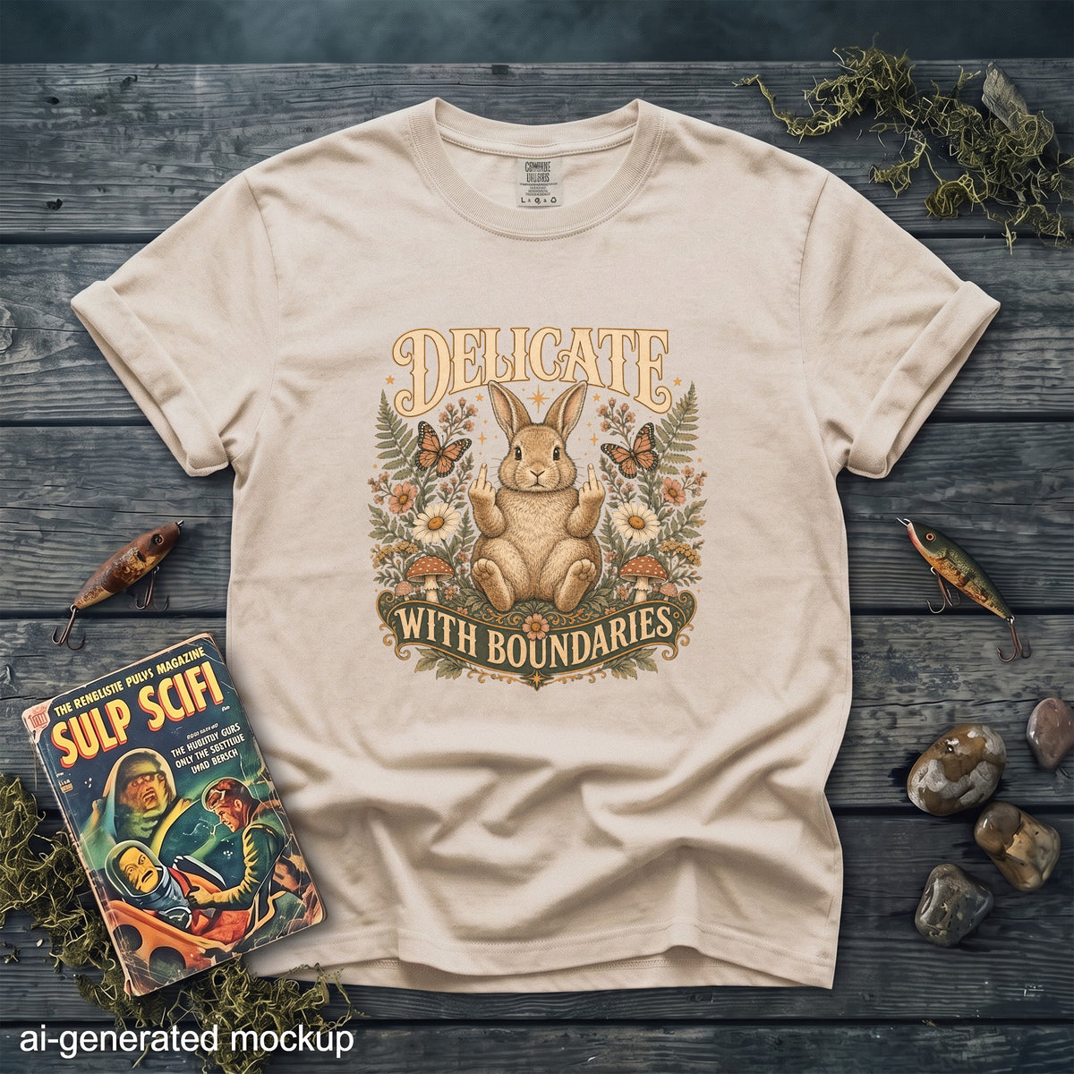 T-shirt with a rabbit giving the middle finger, text "DELICATE WITH BOUNDARIES".