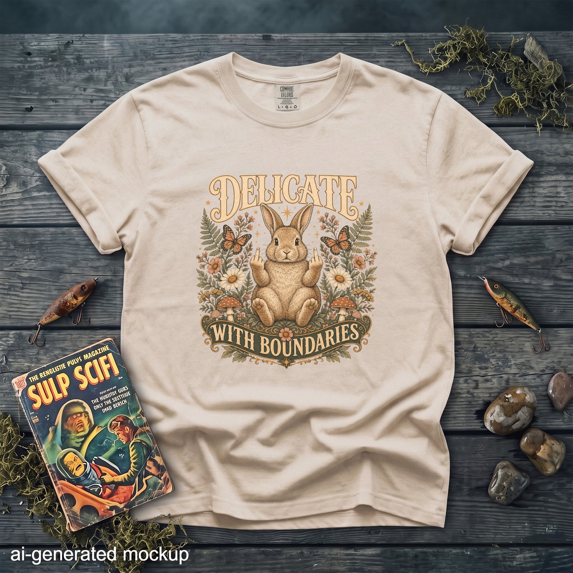 T-shirt with a rabbit giving the middle finger, text "DELICATE WITH BOUNDARIES".