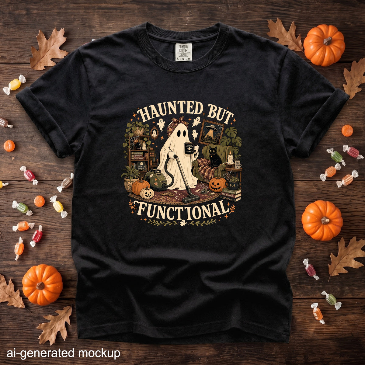 Black t-shirt with "Haunted But Functional" graphic featuring a ghost vacuuming and Halloween decor.
