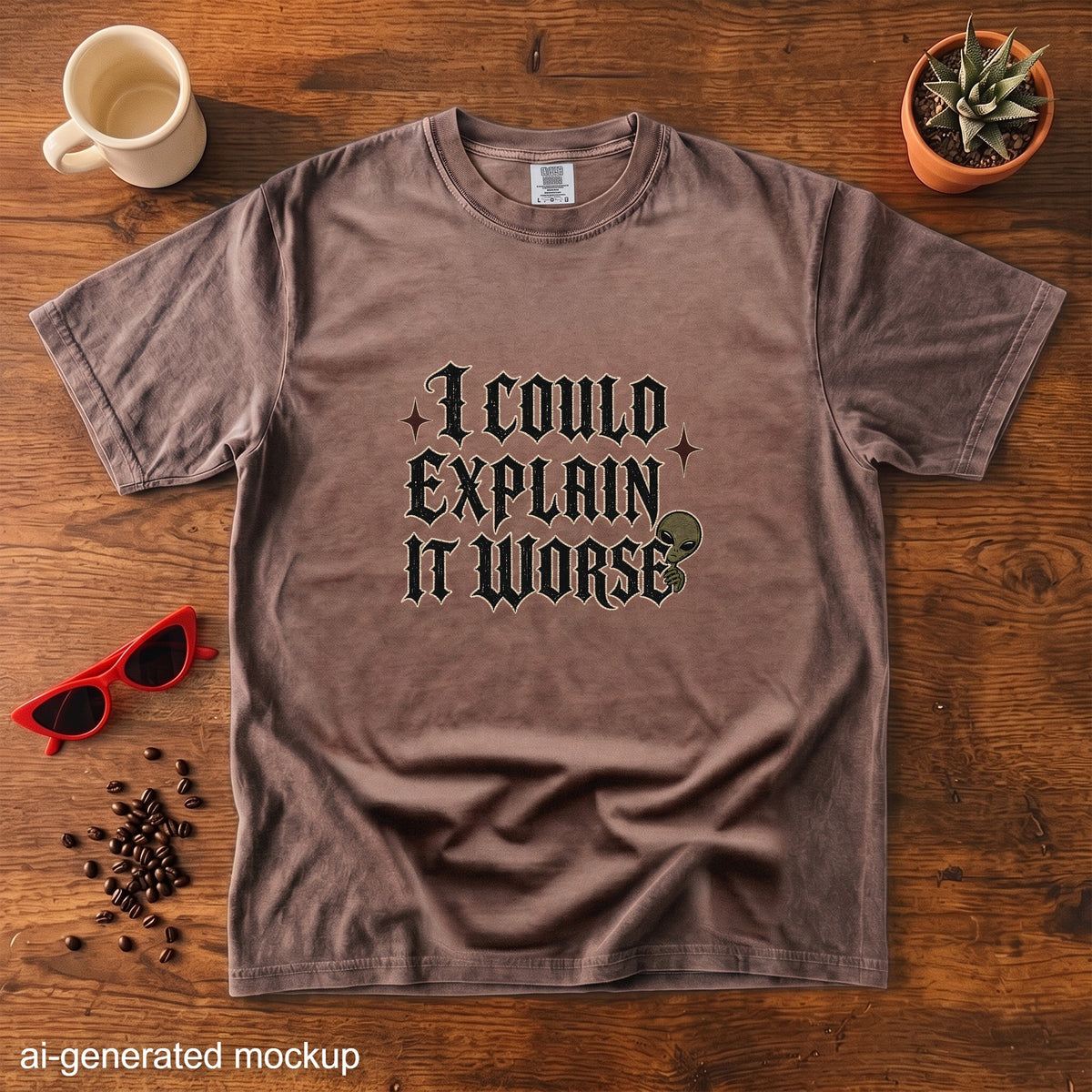 Brown t-shirt with "I COULD EXPLAIN IT WORSE" and an alien graphic.