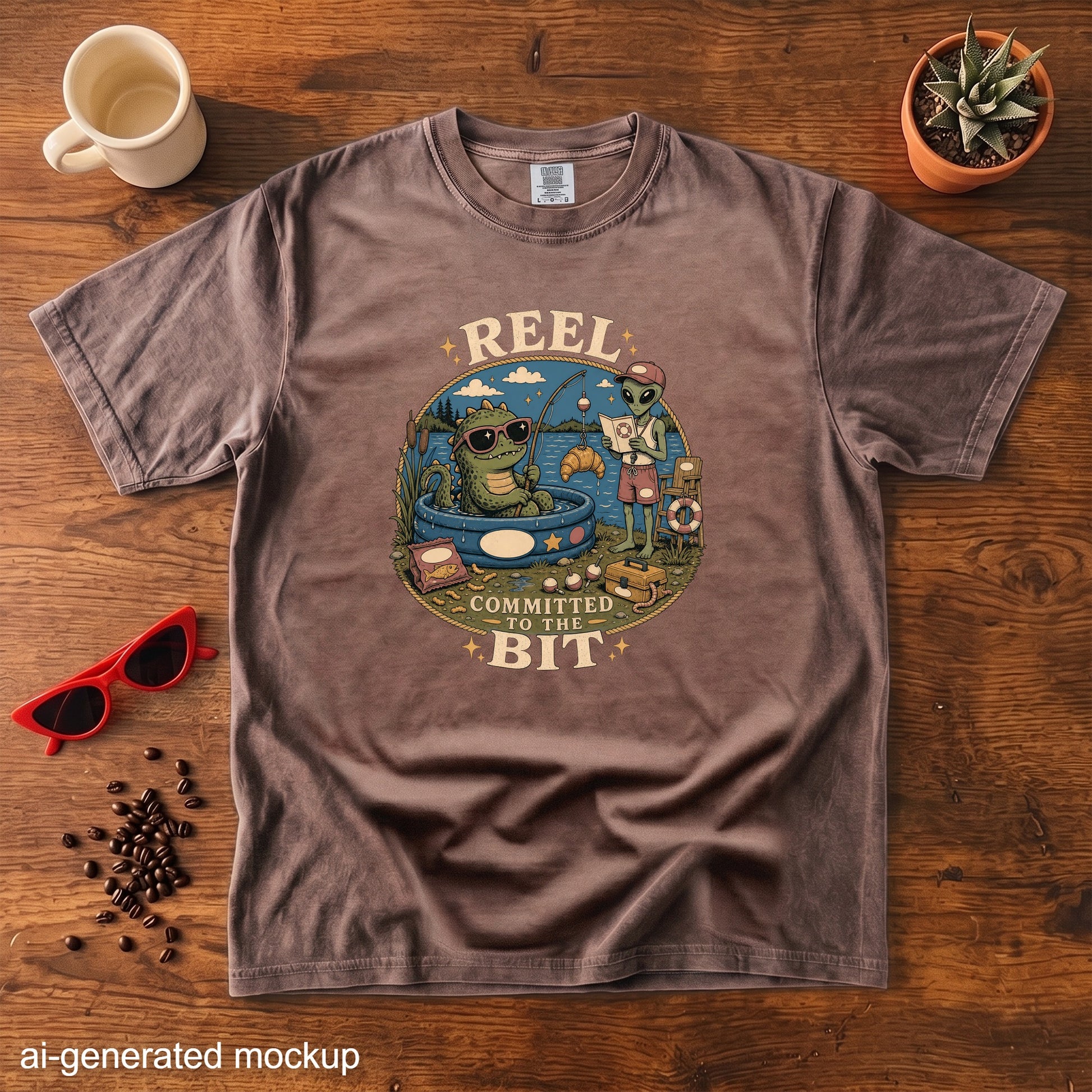 T-shirt graphic of a dragon and alien fishing, with text "REEL COMMITTED TO THE BIT".