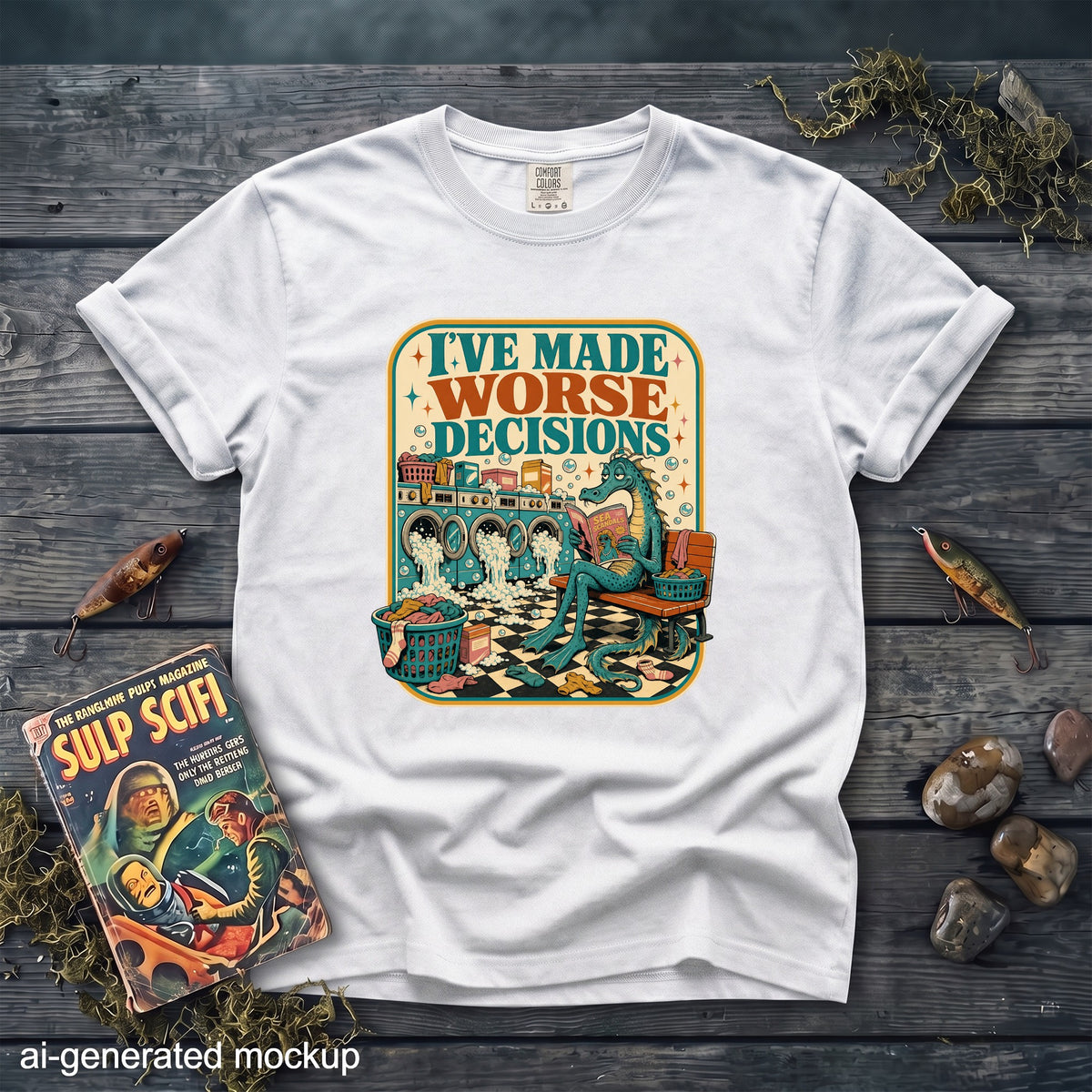White t-shirt with retro graphic: dragon reading book by washing machines.