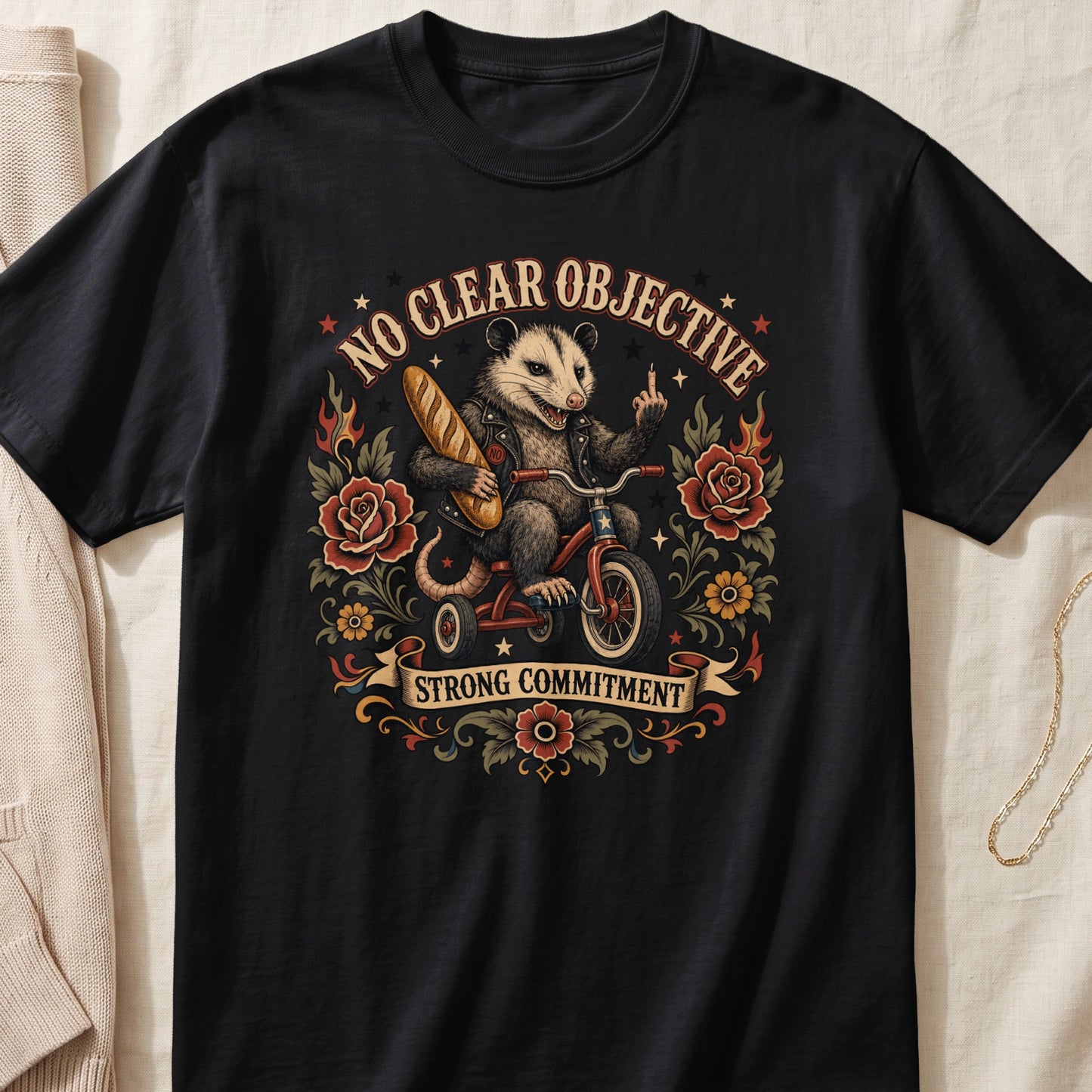 Black t-shirt with an opossum riding a tricycle, holding a baguette and giving the middle finger.