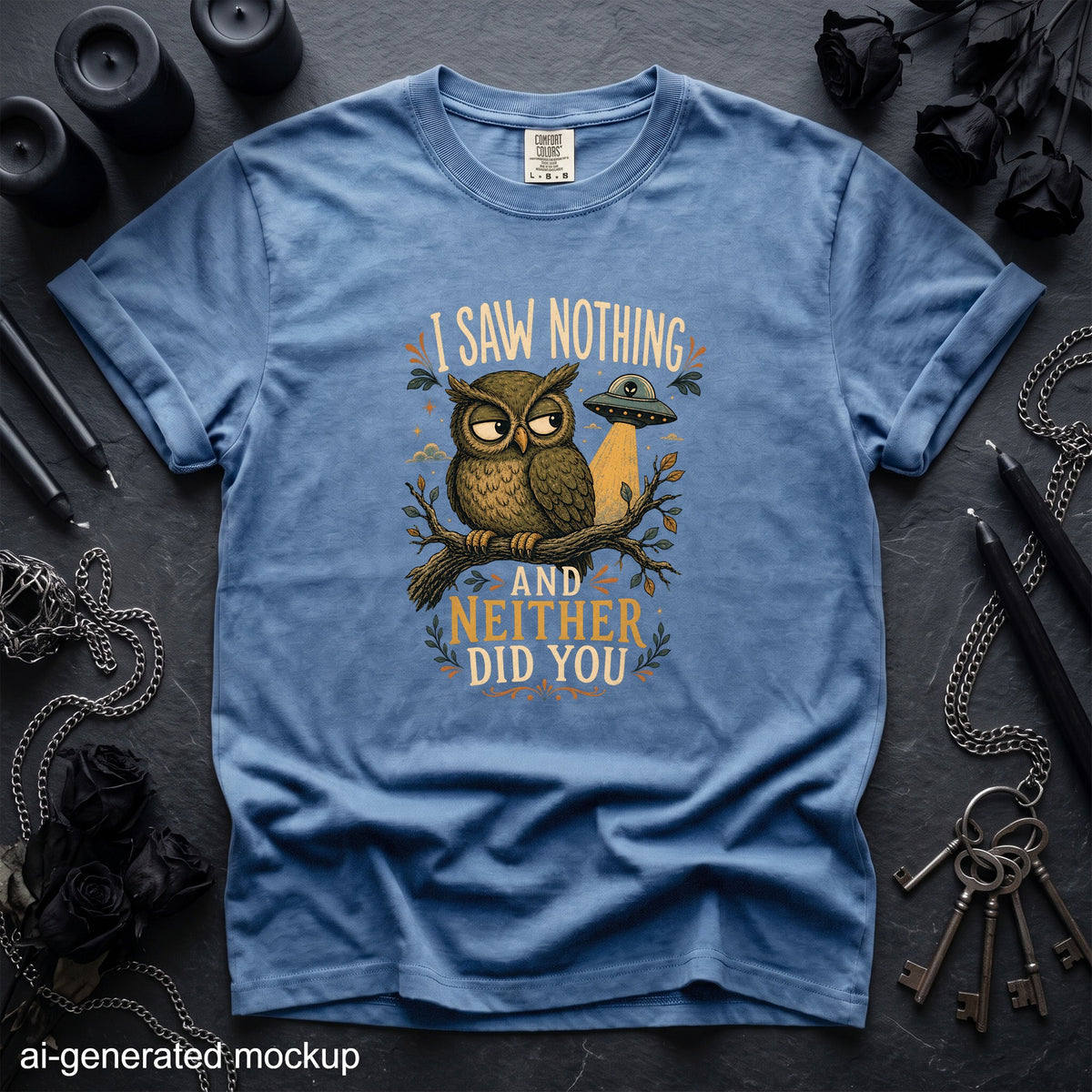Blue t-shirt with owl on branch and UFO, text "I SAW NOTHING AND NEITHER DID YOU."