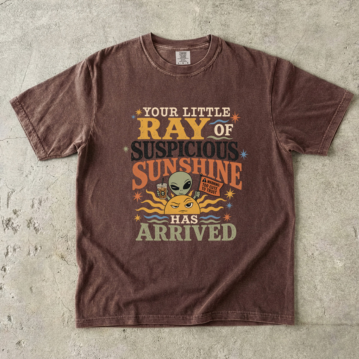 Brown t-shirt with "Your Little Ray of Suspicious Sunshine Has Arrived" graphic.