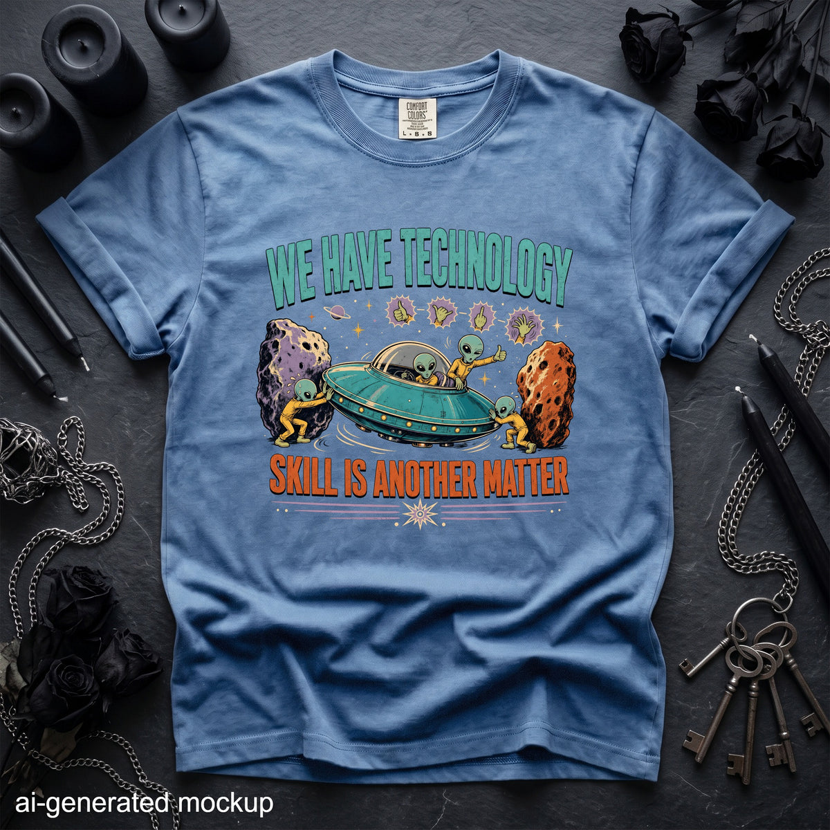Blue t-shirt with aliens and a UFO, saying "We Have Technology. Skill Is Another Matter."