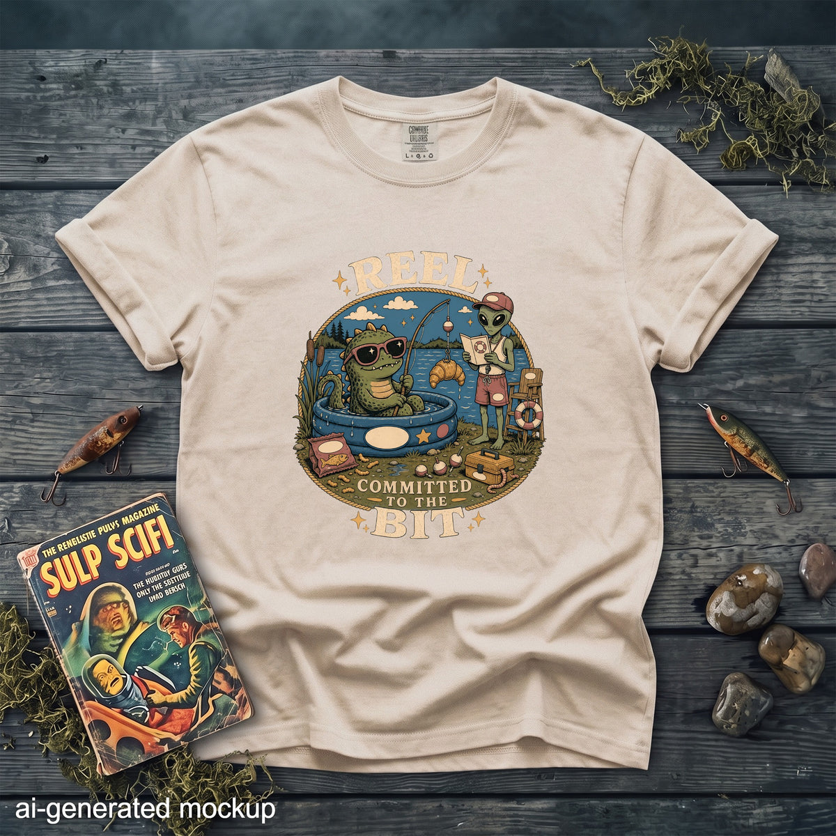 Cream t-shirt with graphic of alien and dinosaur fishing, text "Reel Committed to the Bit".