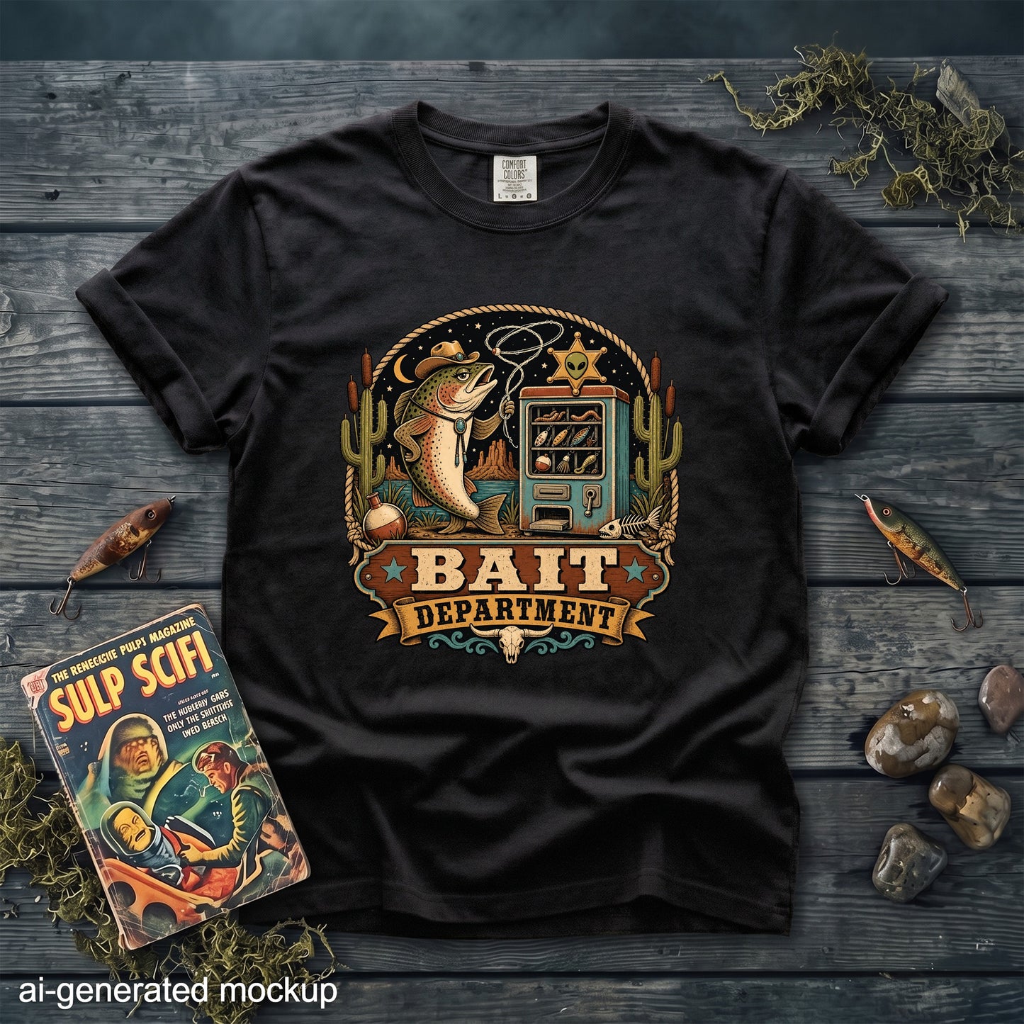 A black t-shirt features a vintage-style graphic of a trout wearing a cowboy hat beside a bait vending machine.