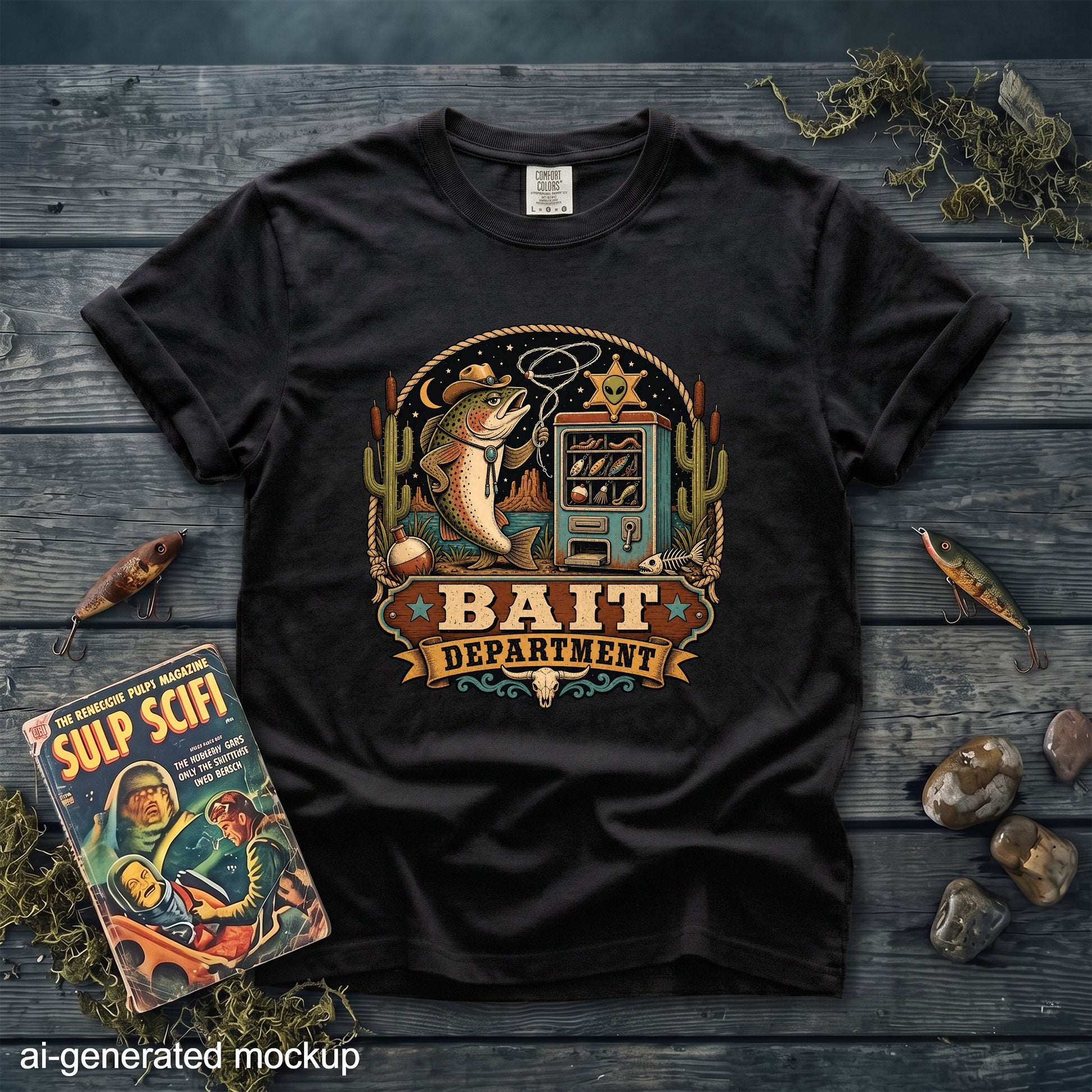 A black t-shirt features a vintage-style graphic of a trout wearing a cowboy hat beside a bait vending machine.