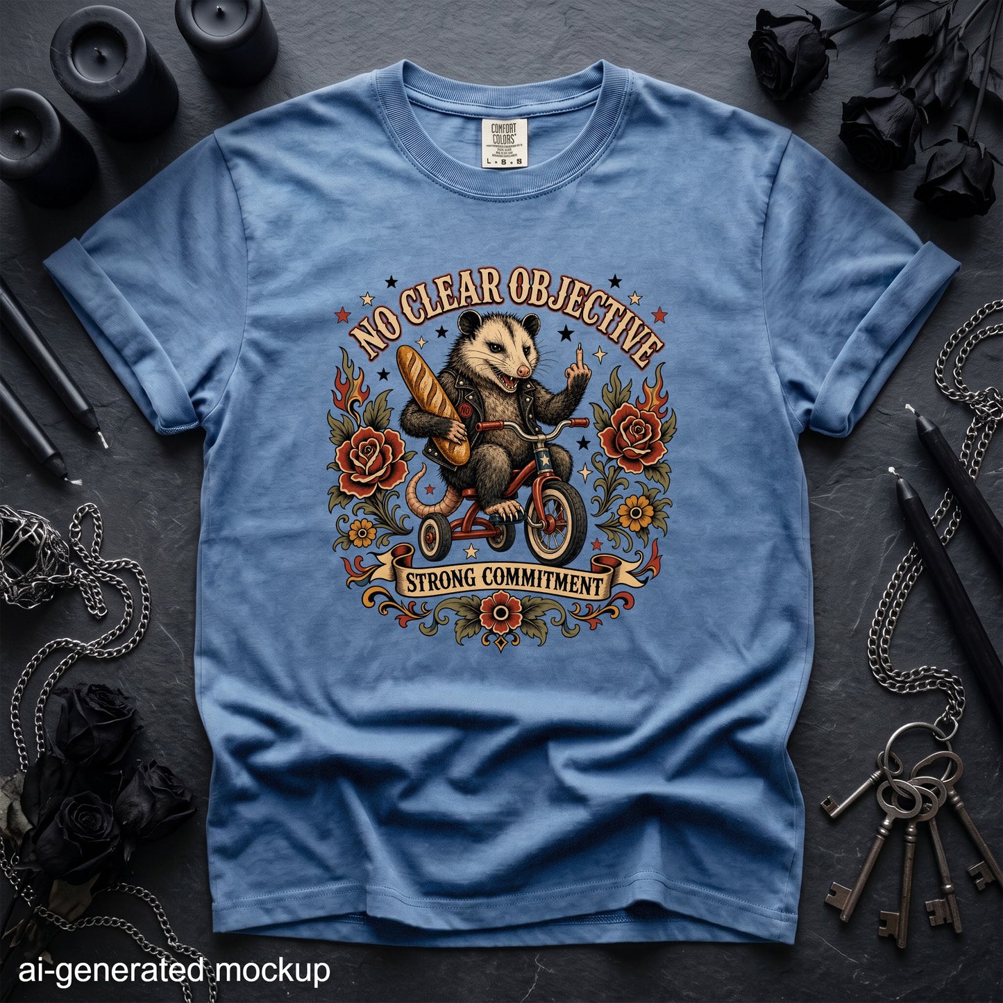 Opossum riding a tricycle with bread, "No Clear Objective" and "Strong Commitment" text.