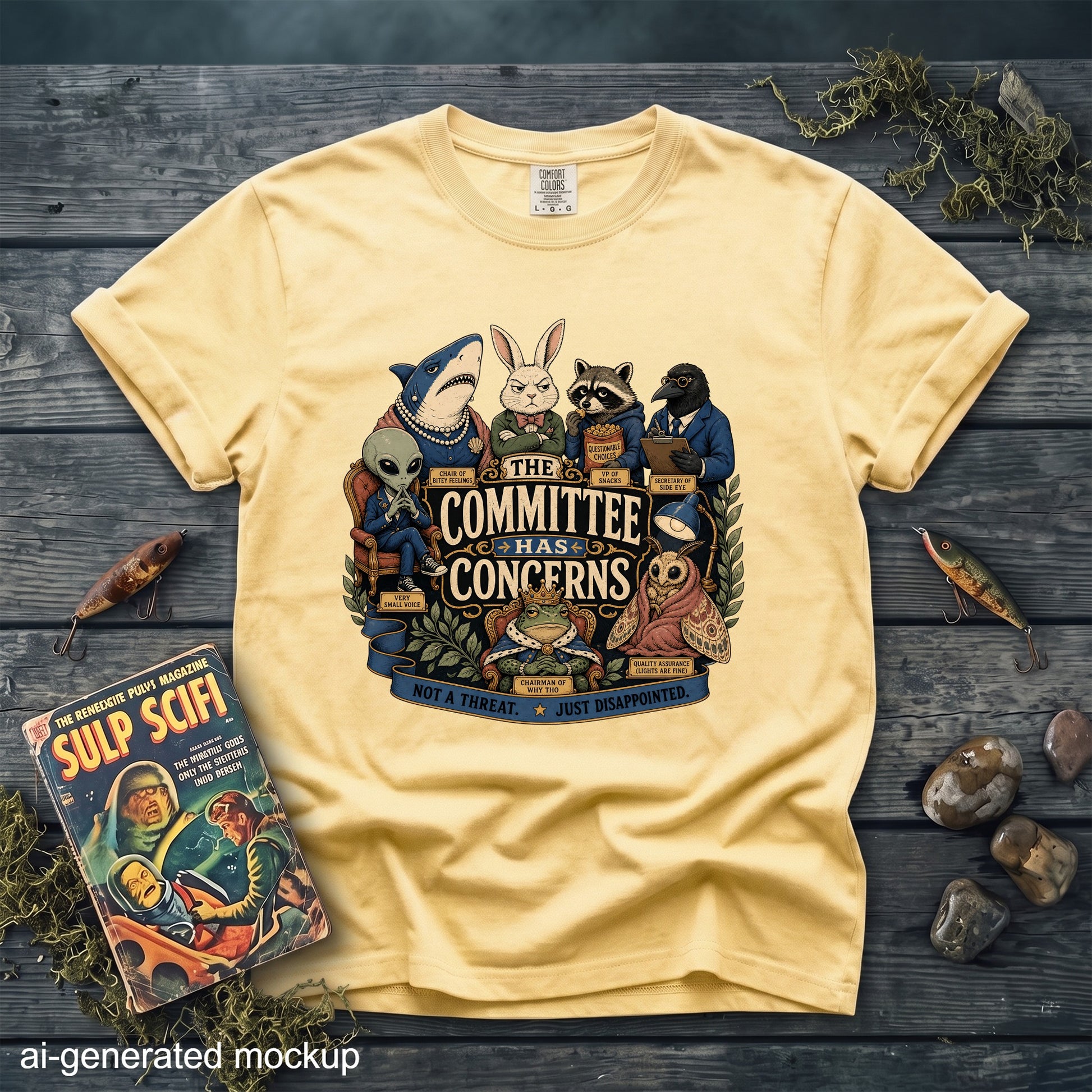 A pale yellow t-shirt features a graphic of anthropomorphic animals with the text The Committee Has Concerns.