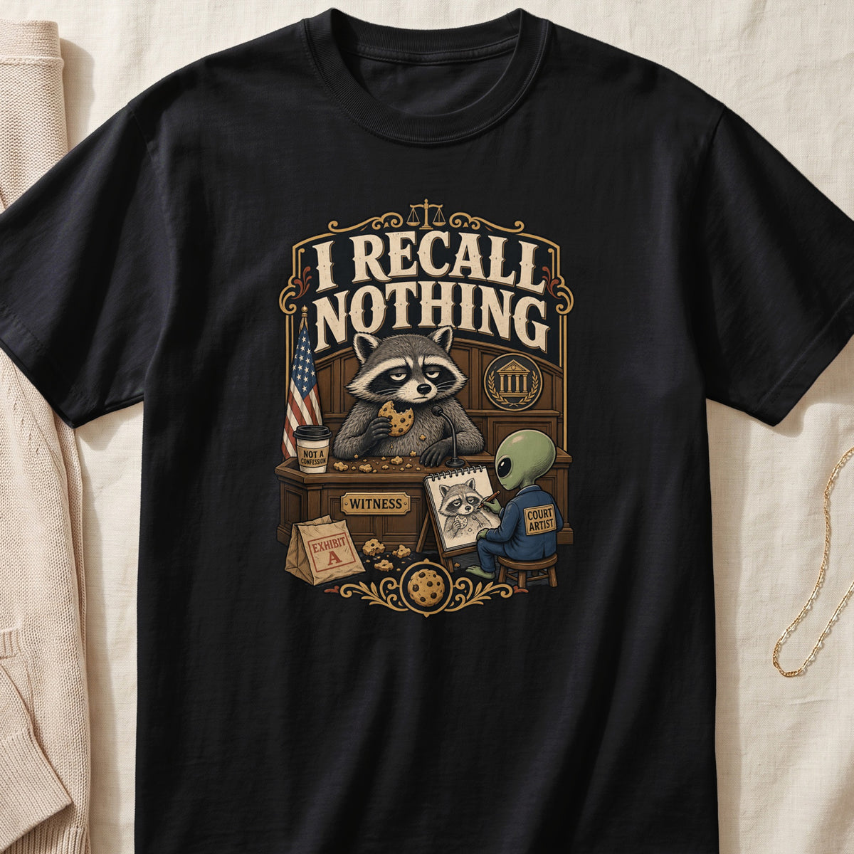 T-shirt with graphic of raccoon witness eating cookies and alien court artist.