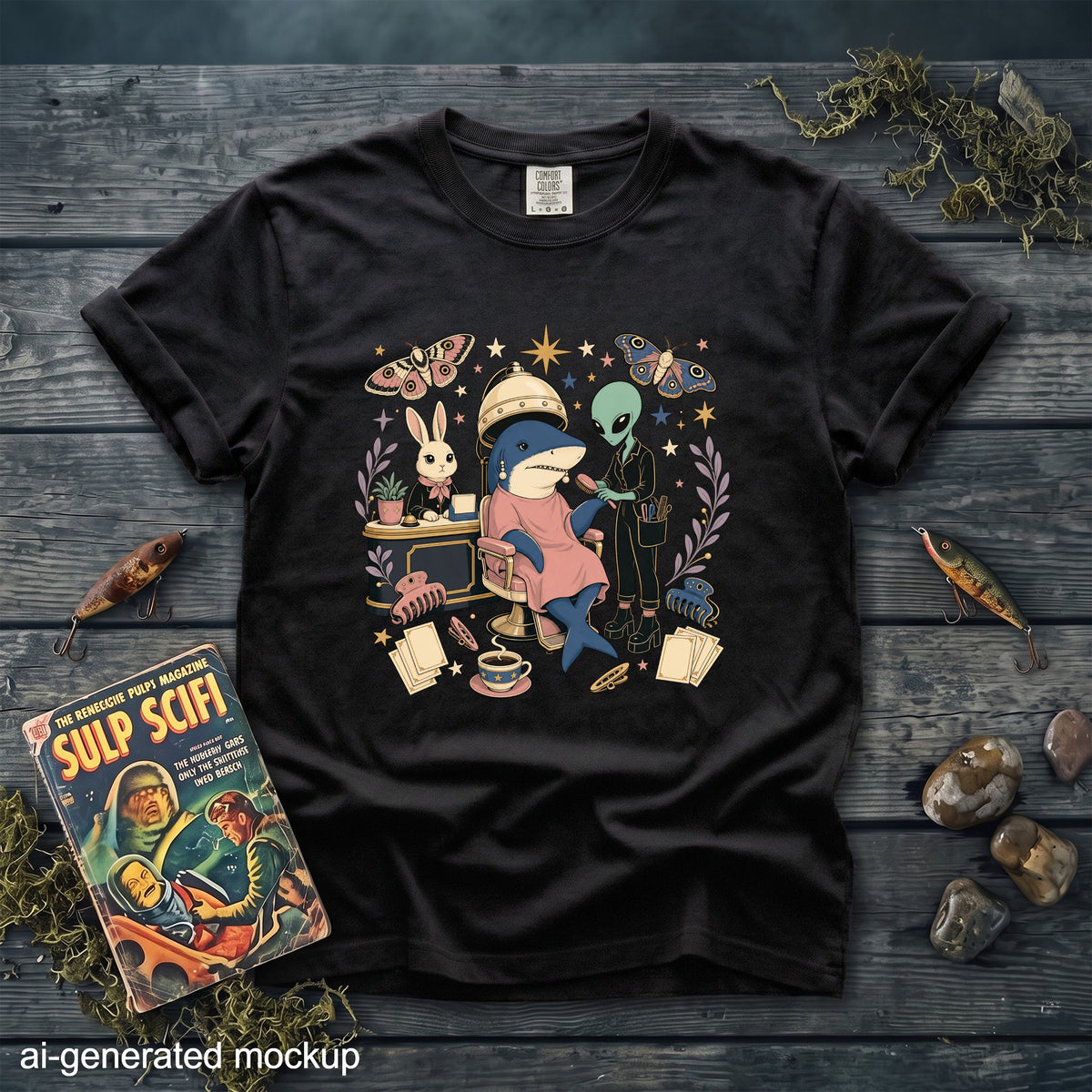 Black t-shirt featuring a surreal graphic of an alien brushing a shark's hair at a salon.