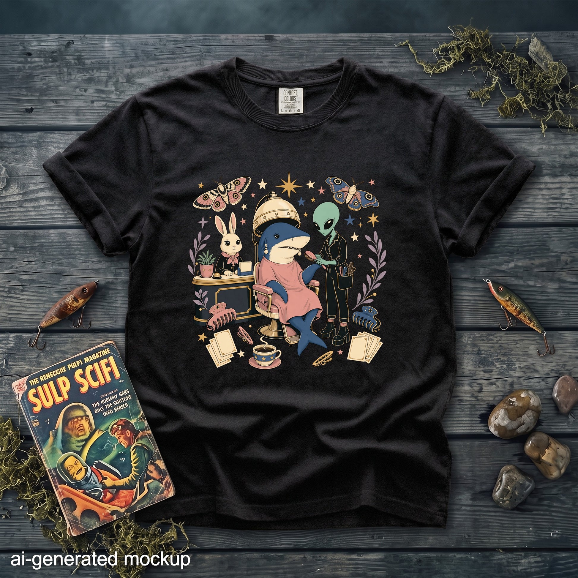 Black t-shirt featuring a surreal graphic of an alien brushing a shark's hair at a salon.