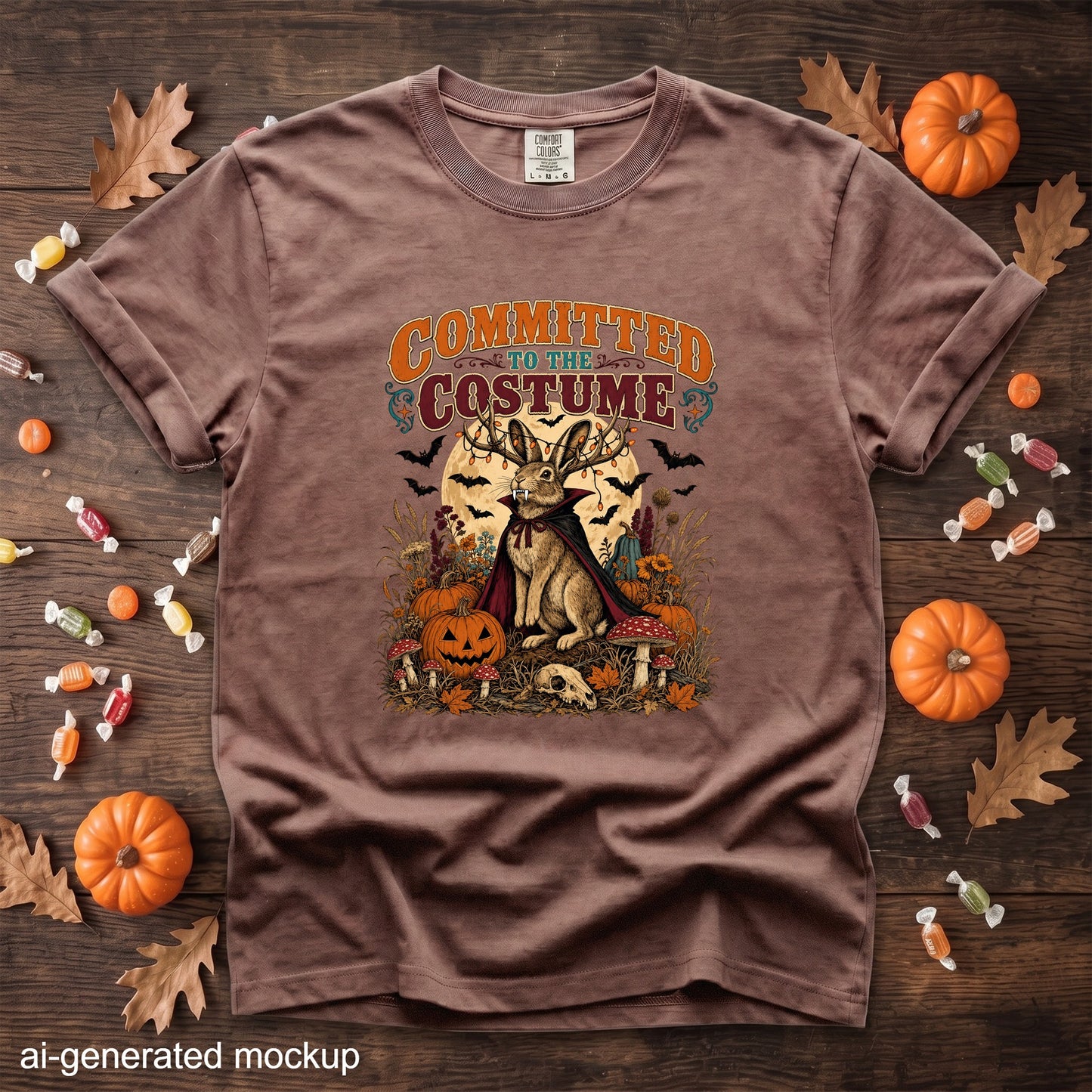 T-shirt with "Committed to the Costume" text and Halloween-themed rabbit graphic.