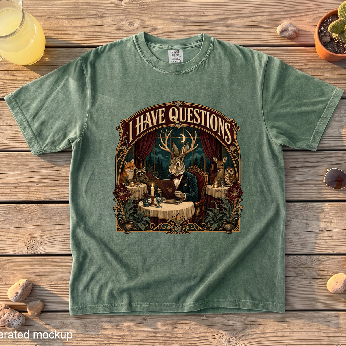 Green t-shirt with "I HAVE QUESTIONS" graphic featuring anthropomorphic animals dining.