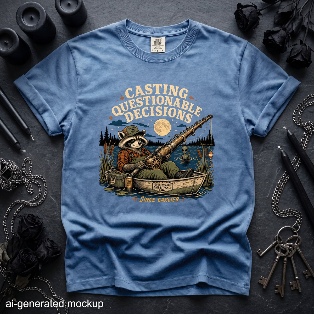 Raccoon fishing in a boat with "Casting Questionable Decisions" text.