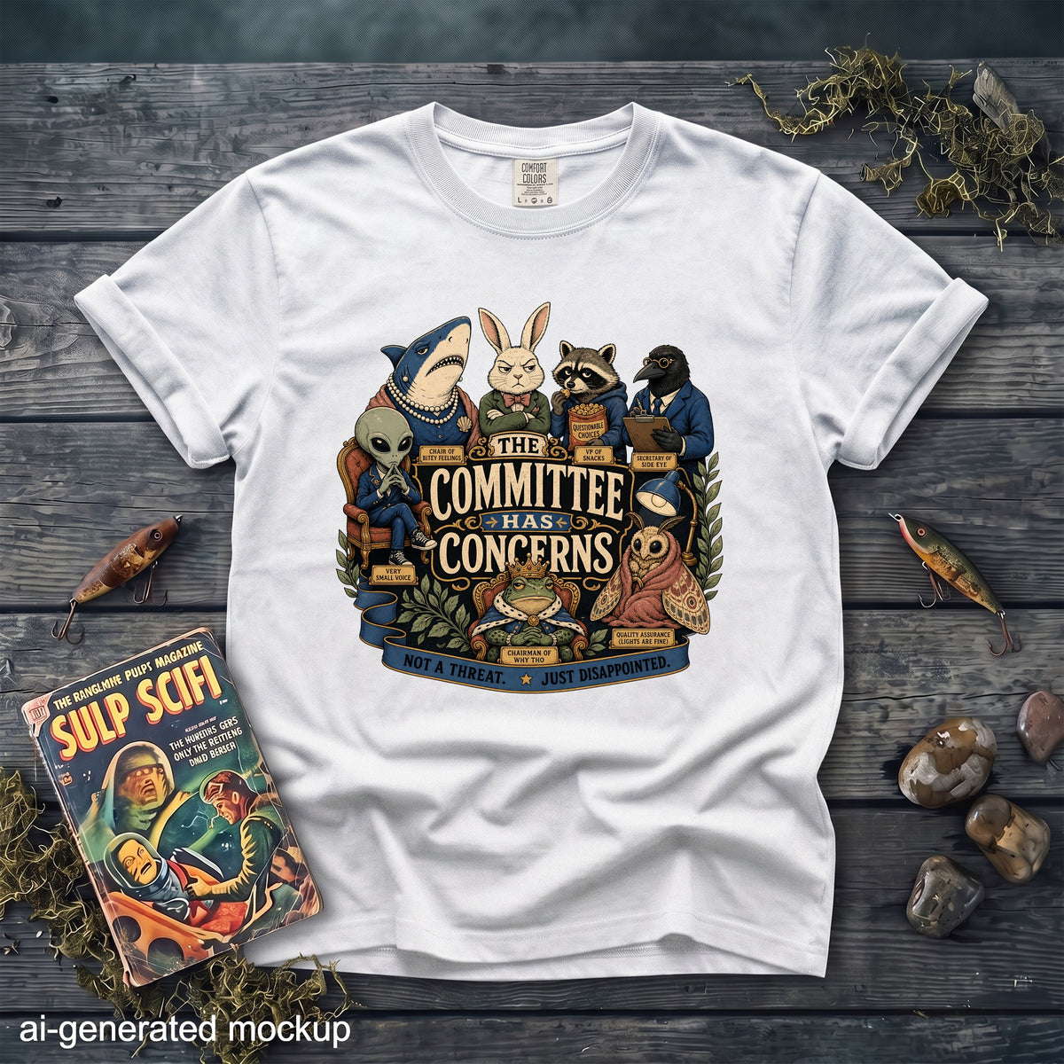 A white t-shirt features an illustration of anthropomorphic animals and aliens with the text The Committee Has Concerns.