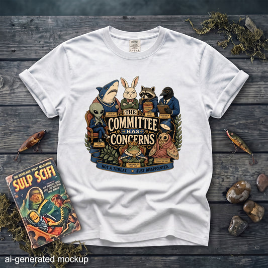 A white t-shirt features an illustration of anthropomorphic animals and aliens with the text The Committee Has Concerns.